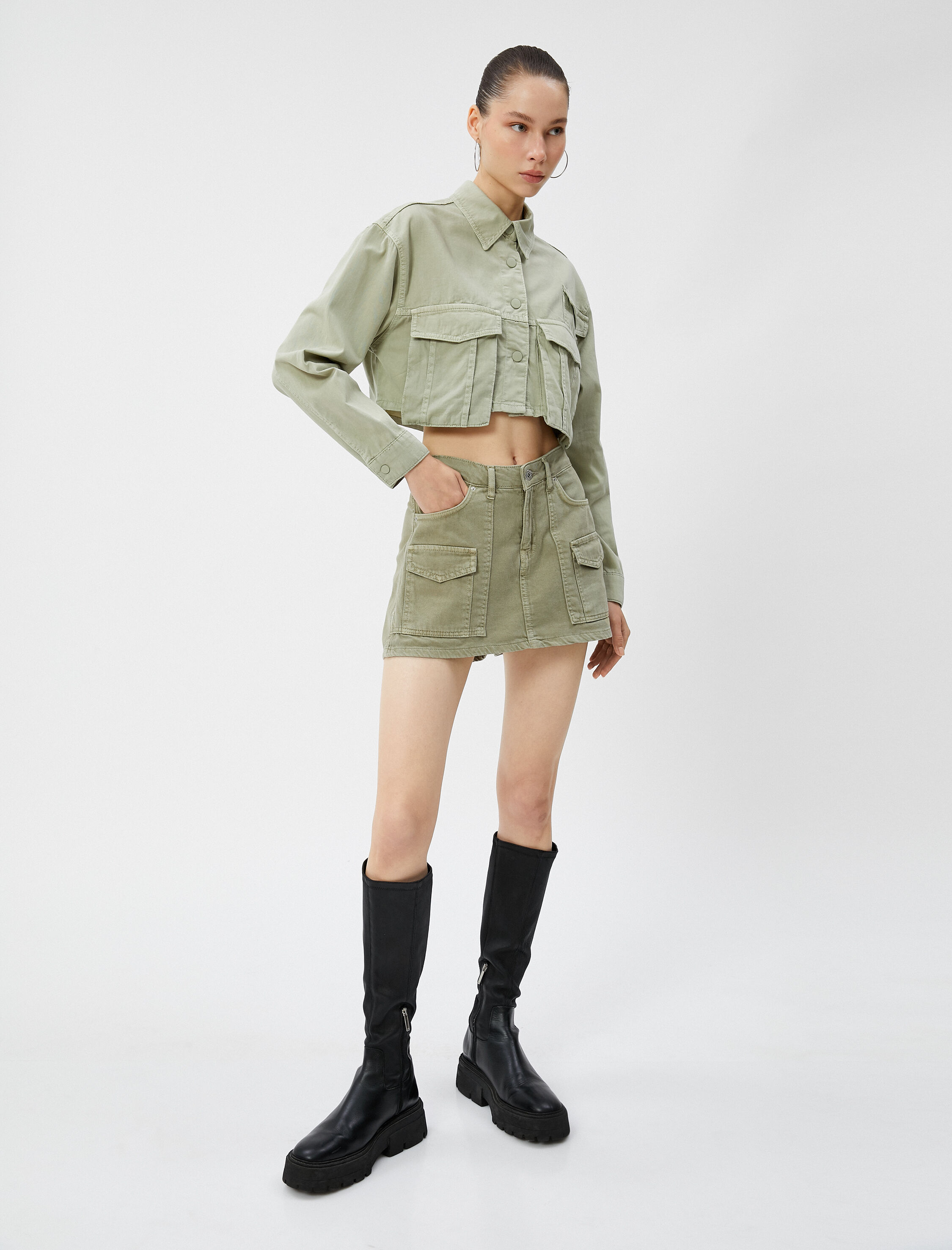   Crop Kot Ceket Aplike Asimetrik Cep Detaylı Pamuklu