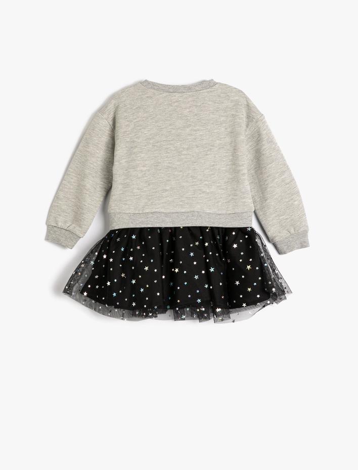 Kız Bebek Sweat Elbise Tül Etekli Pul Payet İşlemeli Şardonlu