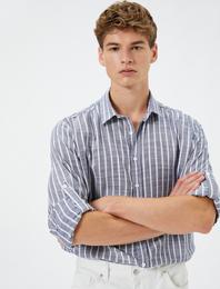 Uzun Kollu Gömlek Klasik Yaka Düğmeli Kıvrılabilir Kol Detaylı