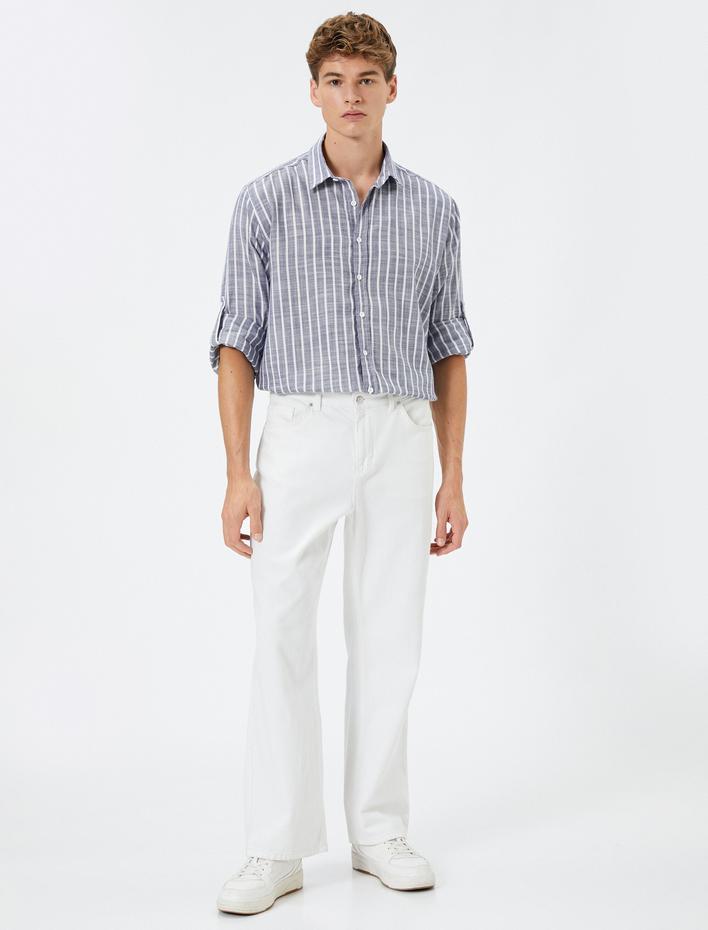  Uzun Kollu Gömlek Klasik Yaka Düğmeli Kıvrılabilir Kol Detaylı