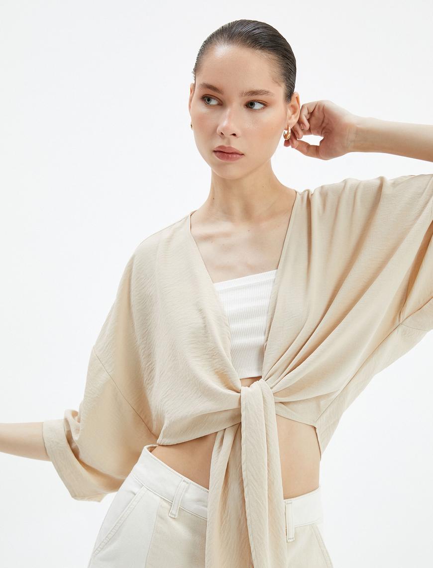   Crop Kimono Oversize Kısa Geniş Kollu Kruvaze Önü Bağlamalı