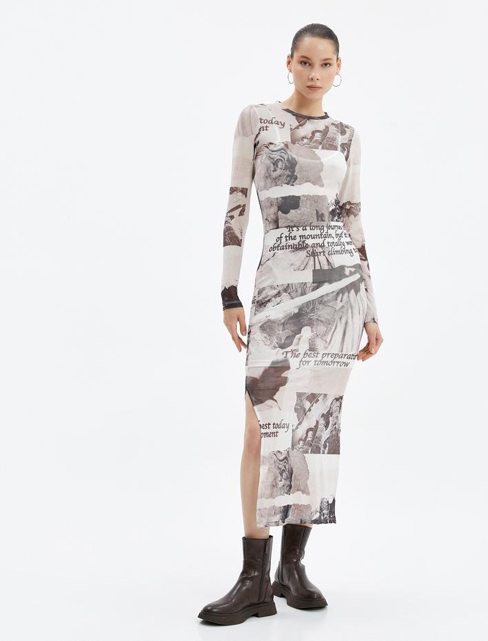  Transparan Elbise Astarlı Maksi Boy Uzun Kollu Yırtmaç Detaylı