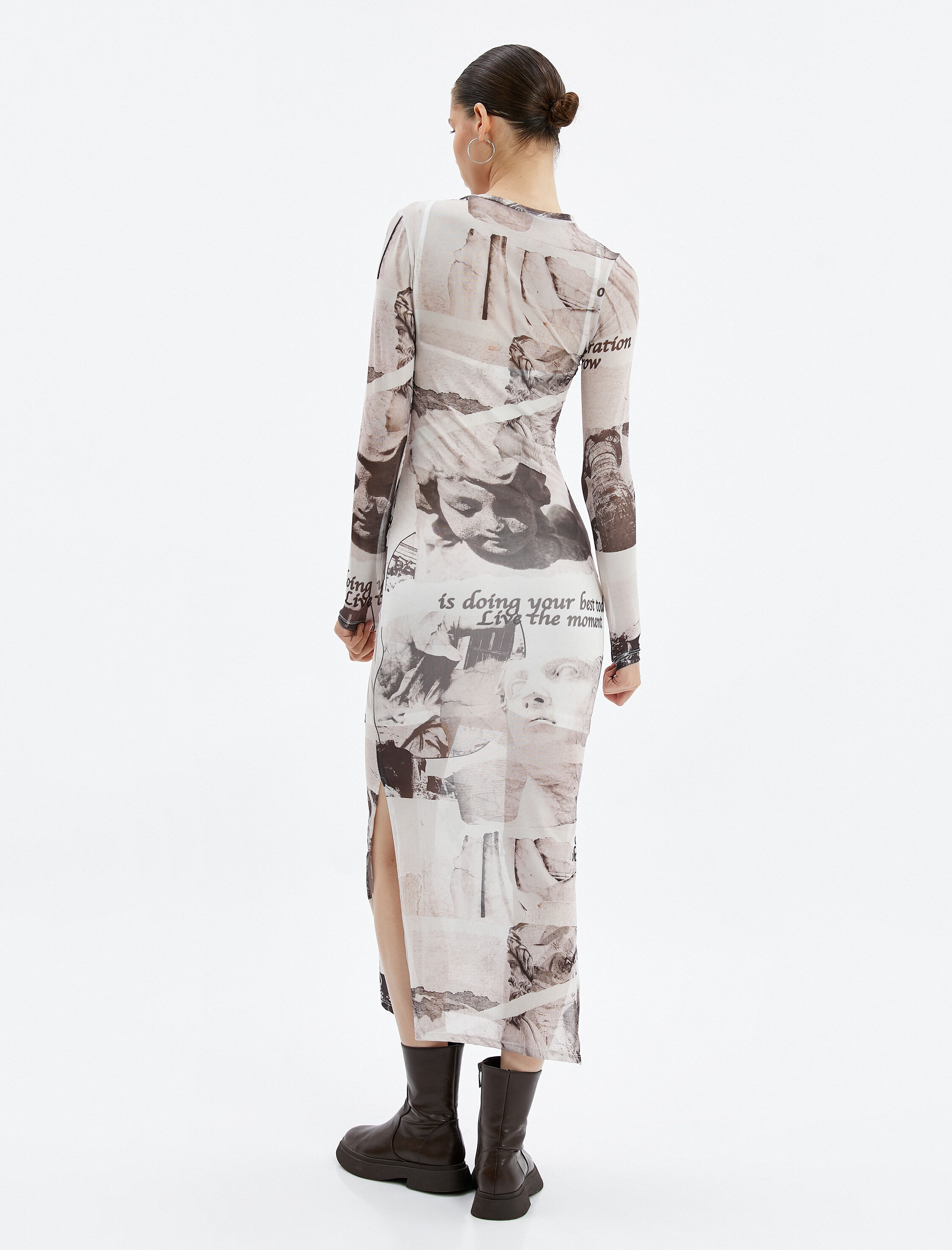 Transparan Elbise Astarlı Maksi Boy Uzun Kollu Yırtmaç Detaylı