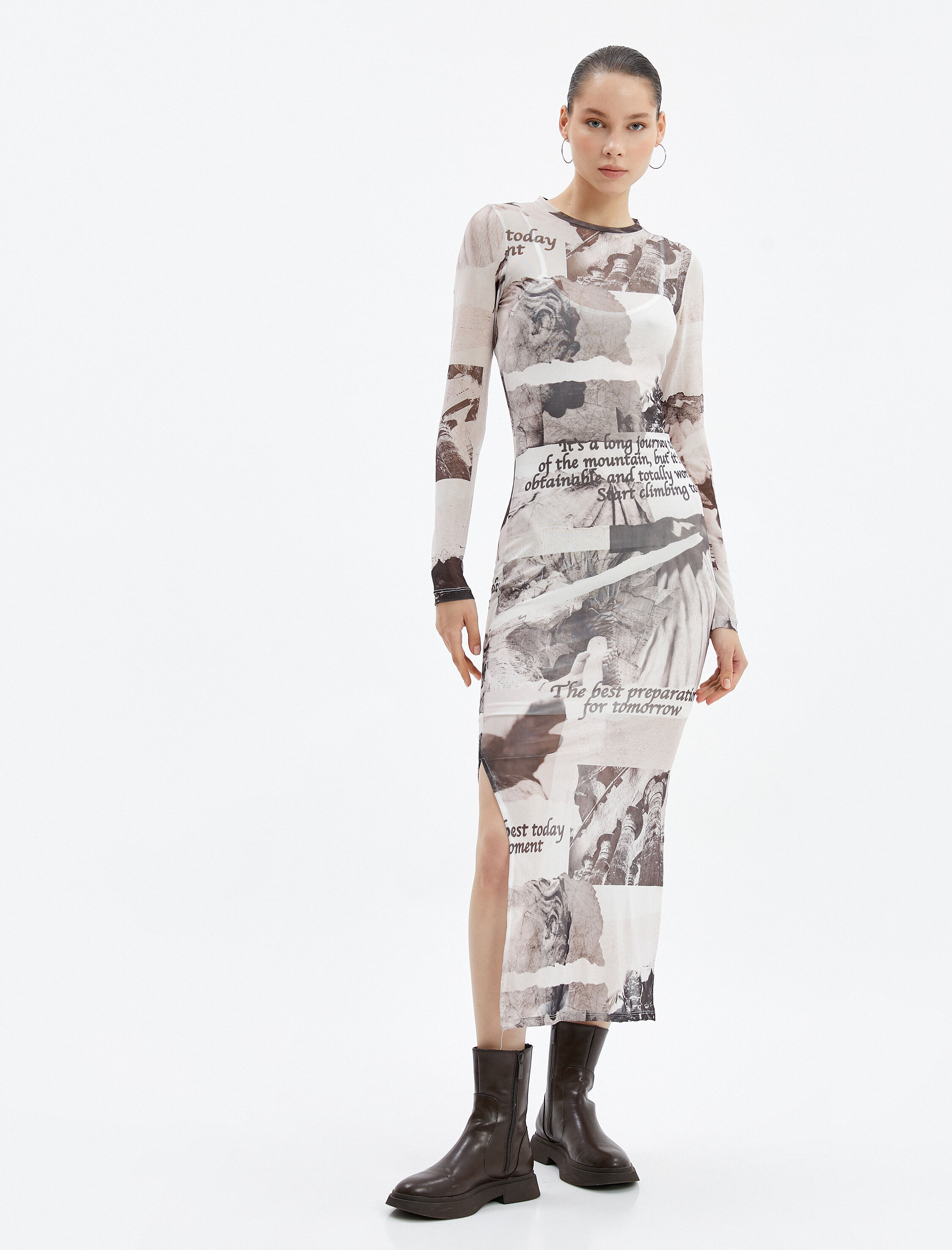 Transparan Elbise Astarlı Maksi Boy Uzun Kollu Yırtmaç Detaylı