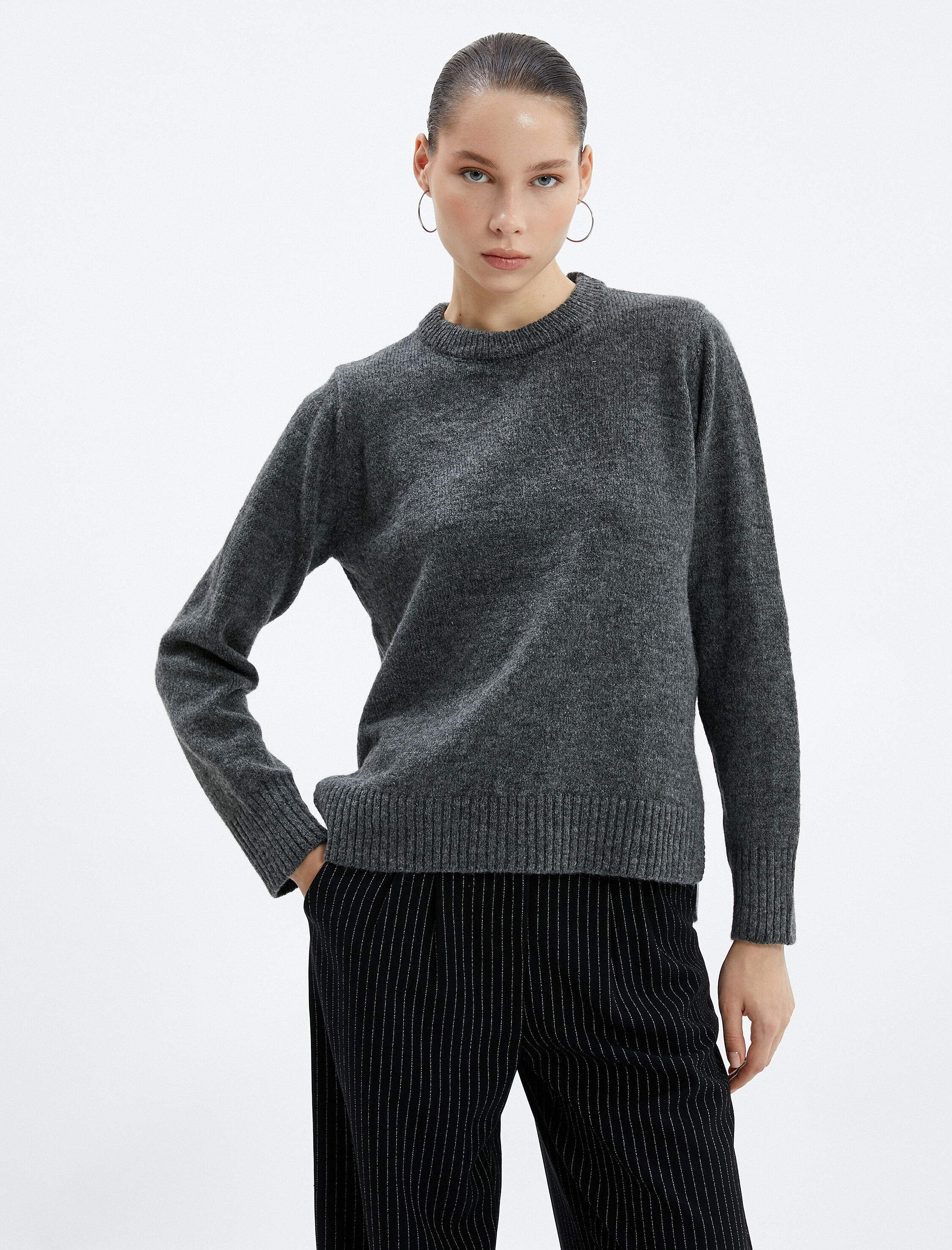   Basic Triko Kazak Uzun Kollu Bisiklet Yaka