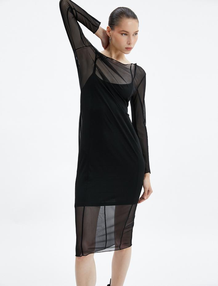  Slim Tül Elbise Astarlı Uzun Kollu Yuvarlak Yaka Maksi Boy