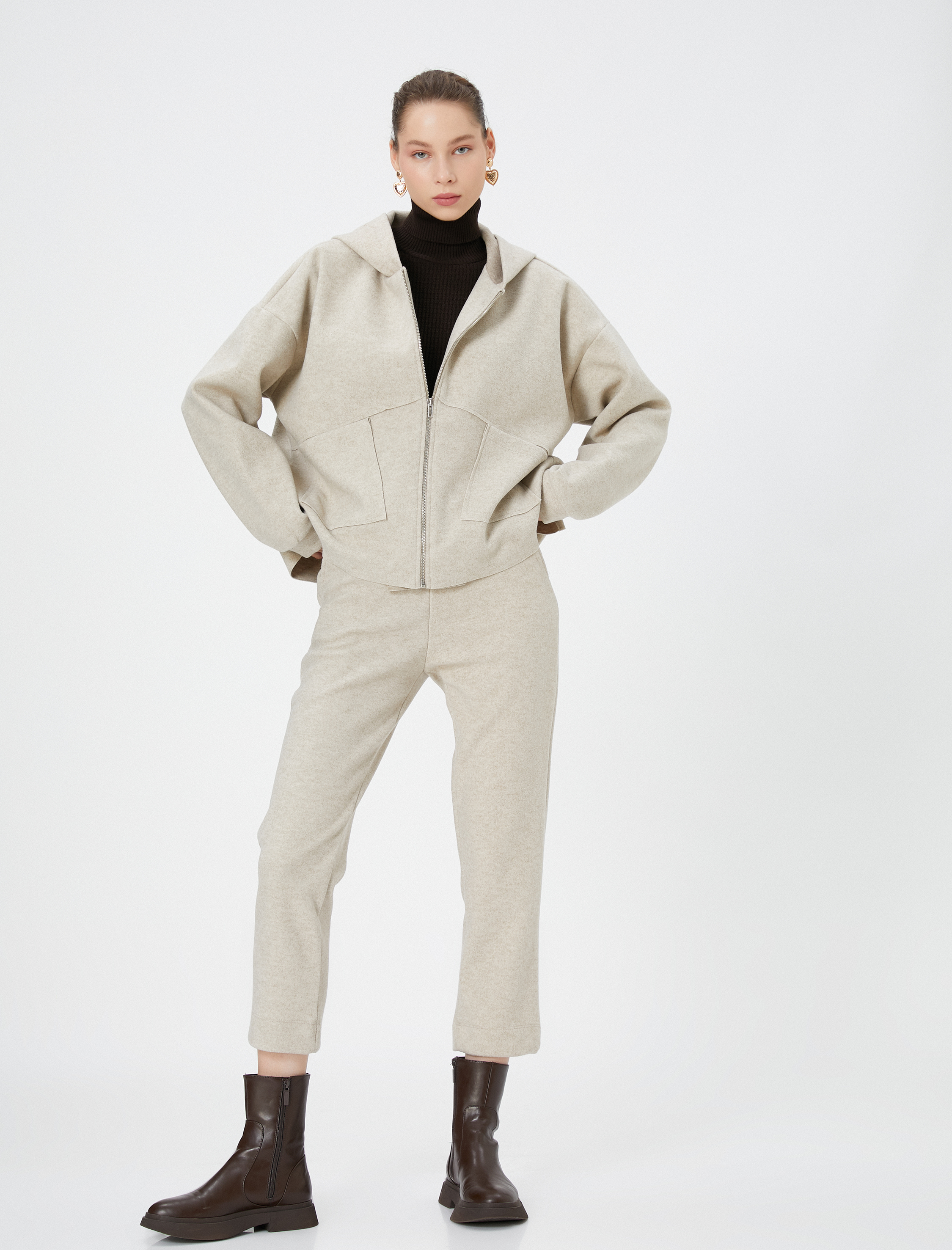 Oversize Fermuarlı Kapşonlu Hırka Cepli