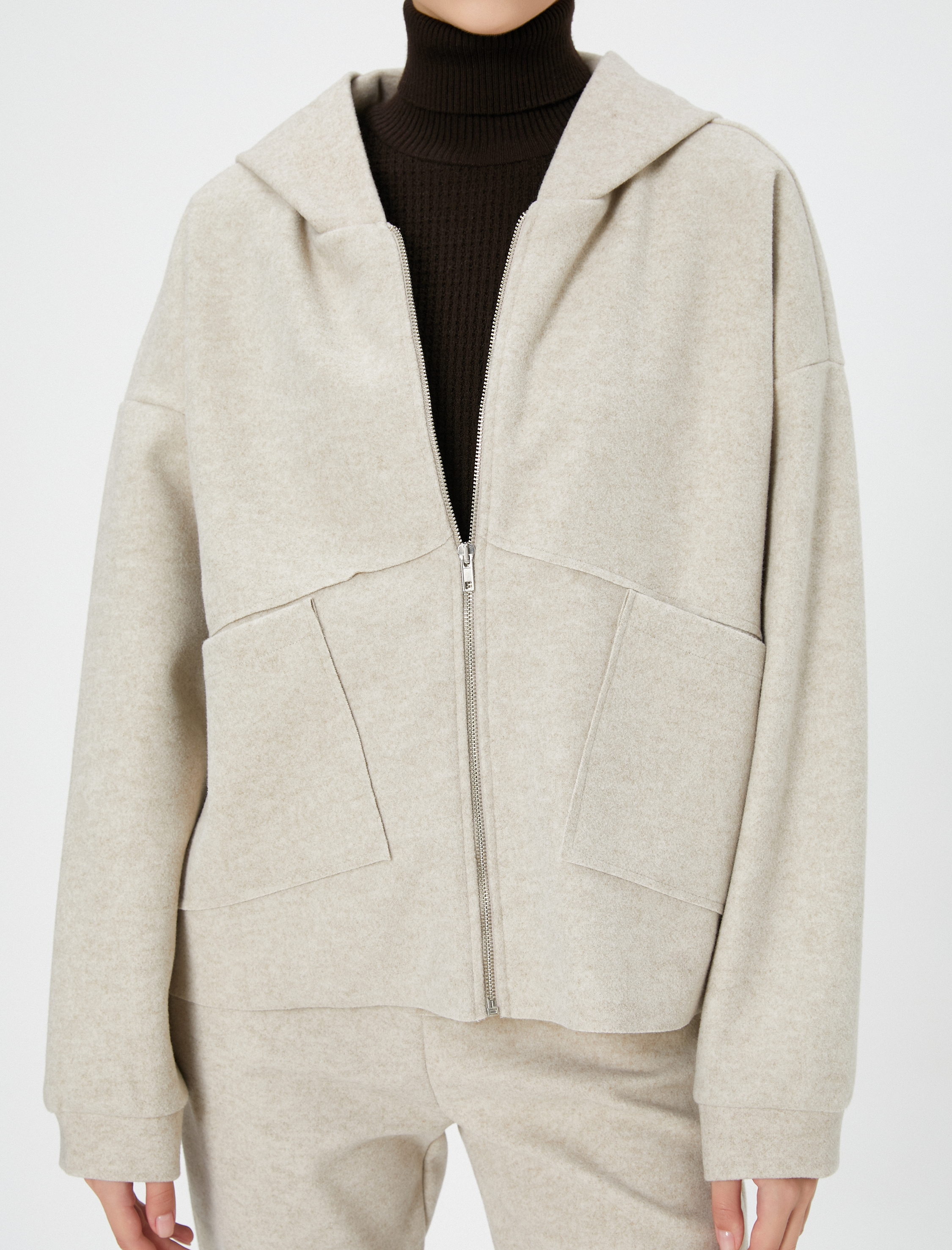 Oversize Fermuarlı Kapşonlu Hırka Cepli