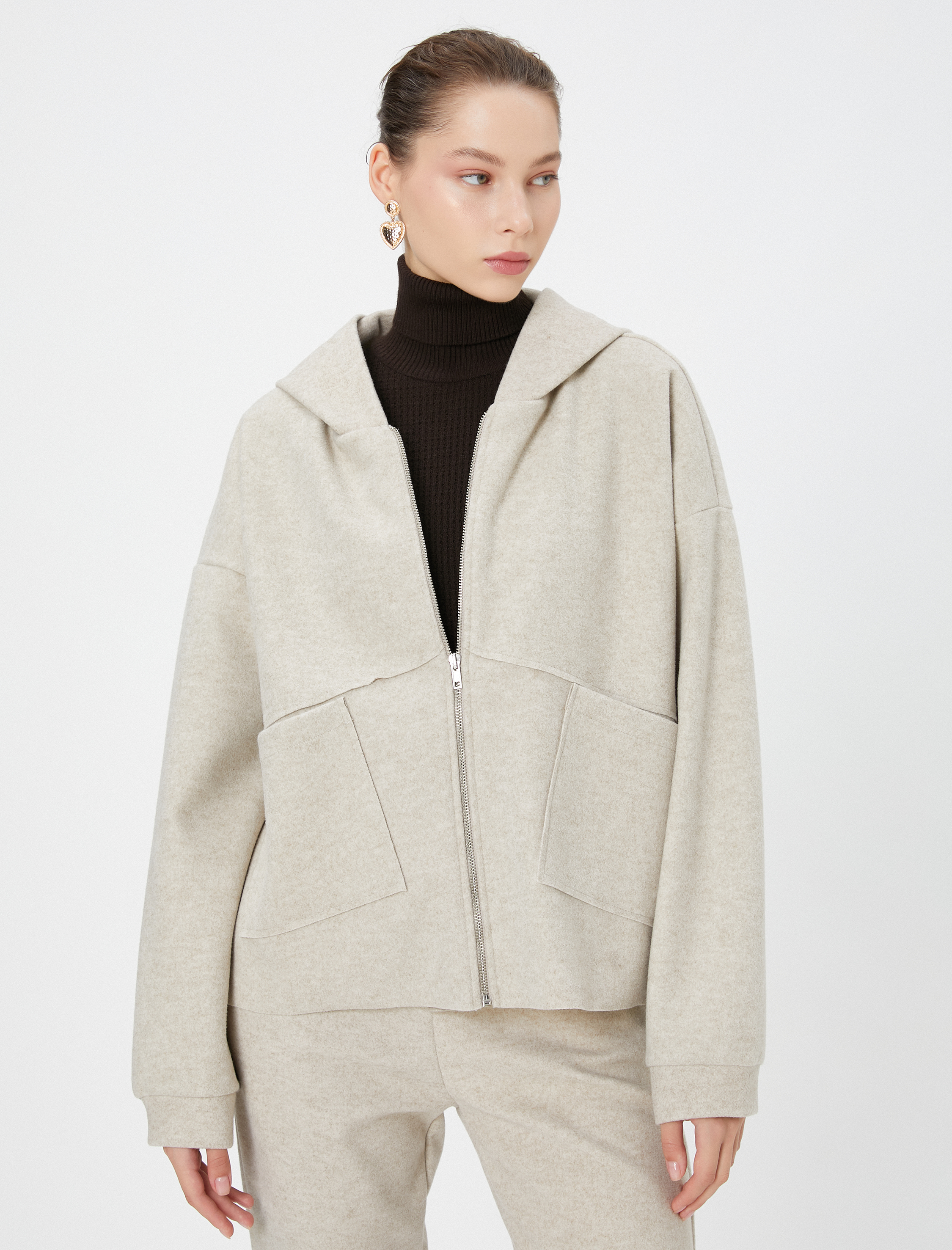 Oversize Fermuarlı Kapşonlu Hırka Cepli