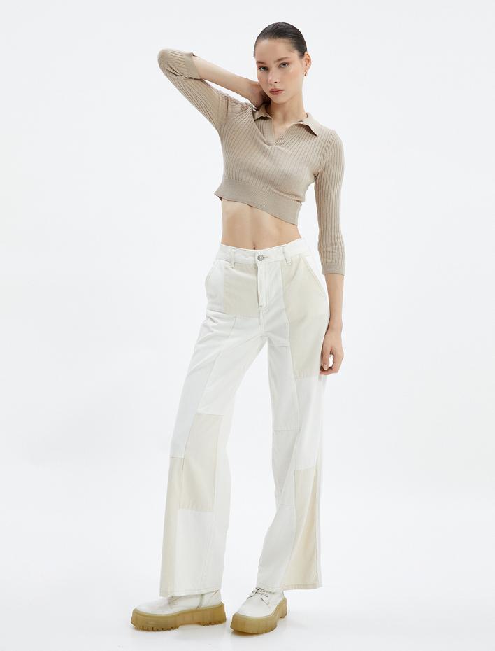  Crop Triko Kazak Polo Yaka Slim Fit Fitilli