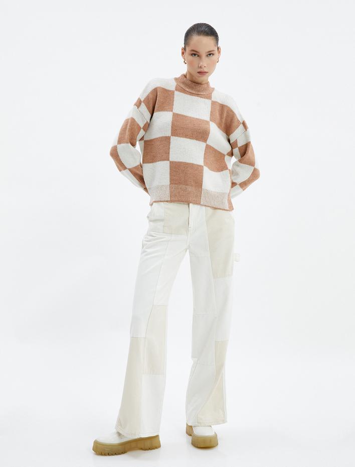  Boğazlı Kazak Kareli Yumuşak Dokulu Uzun Kollu