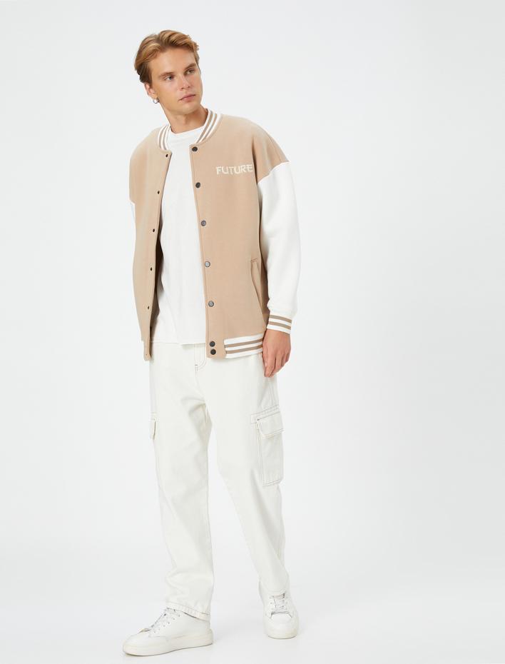  Kolej Ceketi Bomber Yaka Çıtçıt Düğmeli İşlemeli Ribanalı