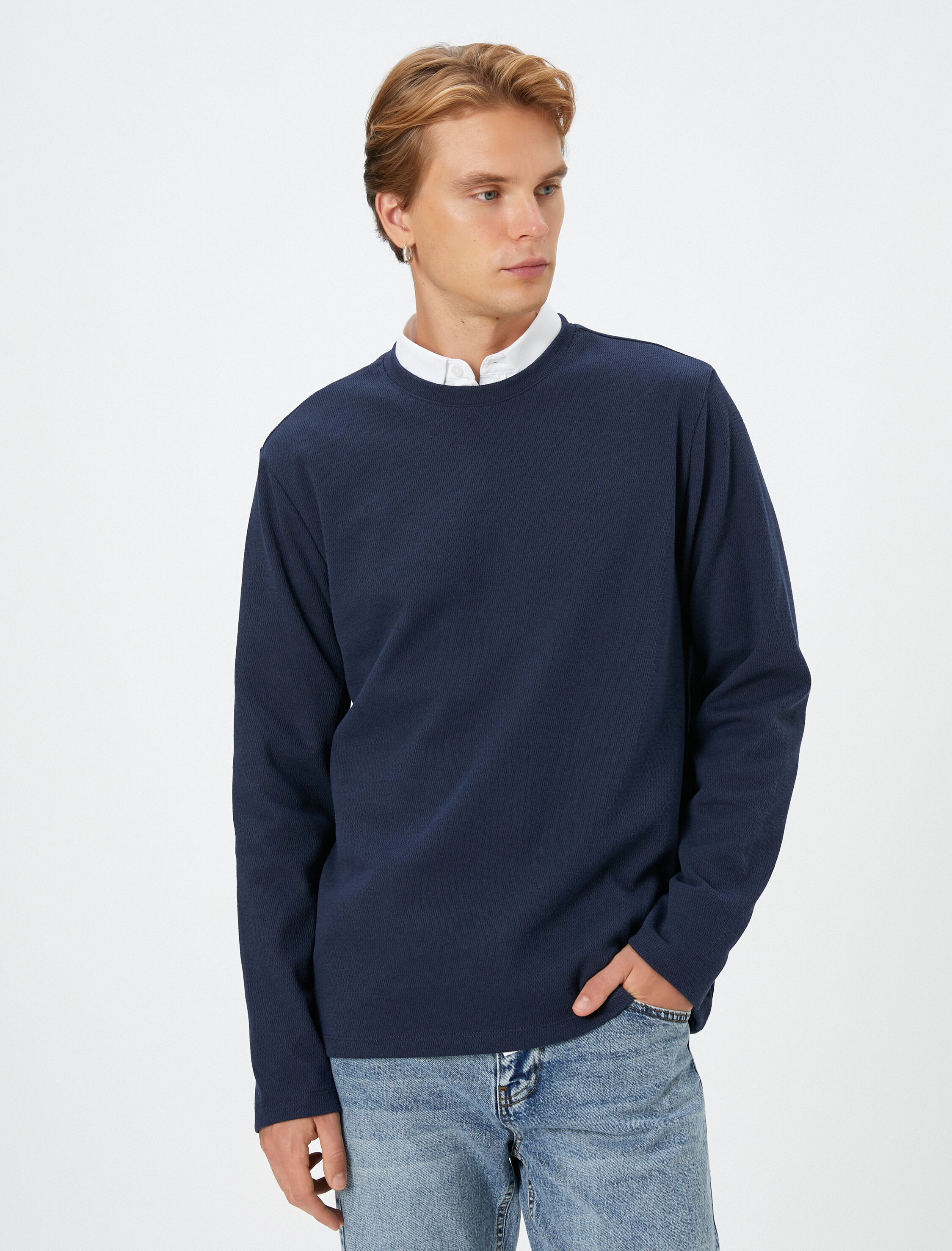   Basic Kazak Bisiklet Yaka Uzun Kollu Dokulu