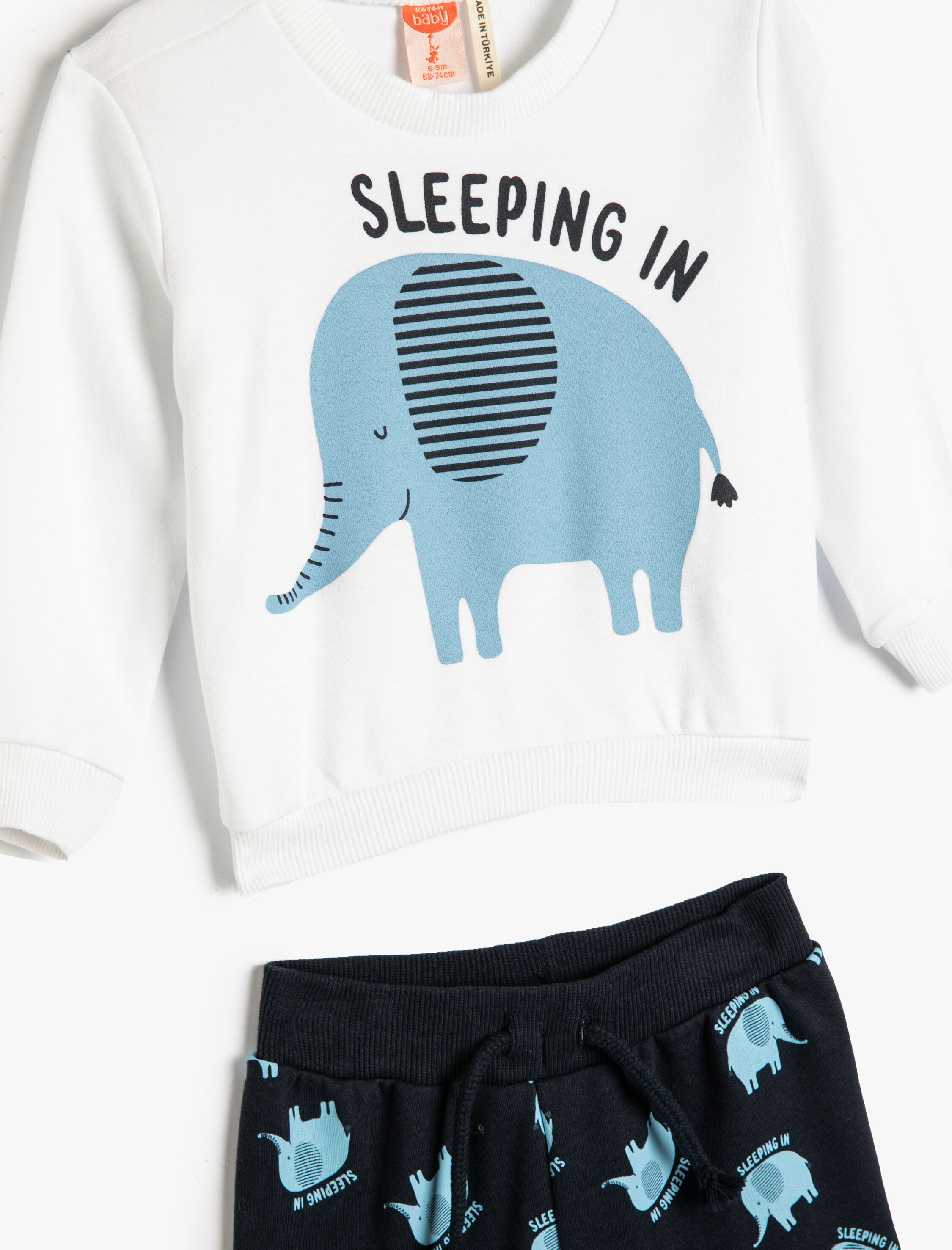  Erkek Bebek Pijama Takımı Fil Baskılı Uzun Kollu Bisiklet Yaka Pamuklu