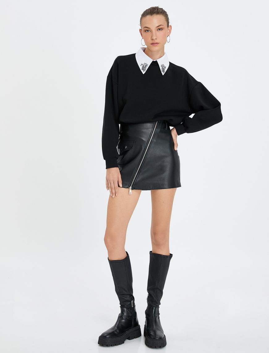   Sweatshirt Taşlı Gömlek Yaka Ribanalı Uzun Kollu