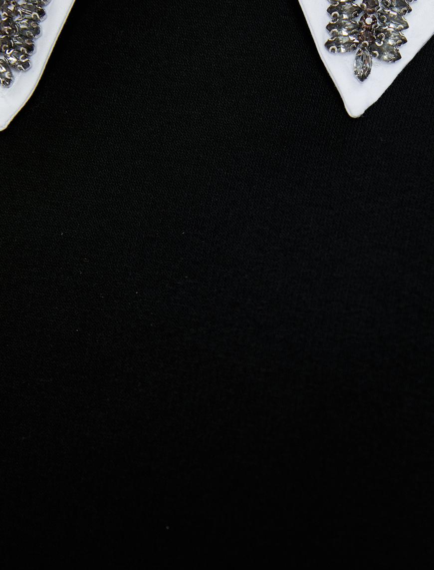   Sweatshirt Taşlı Gömlek Yaka Ribanalı Uzun Kollu