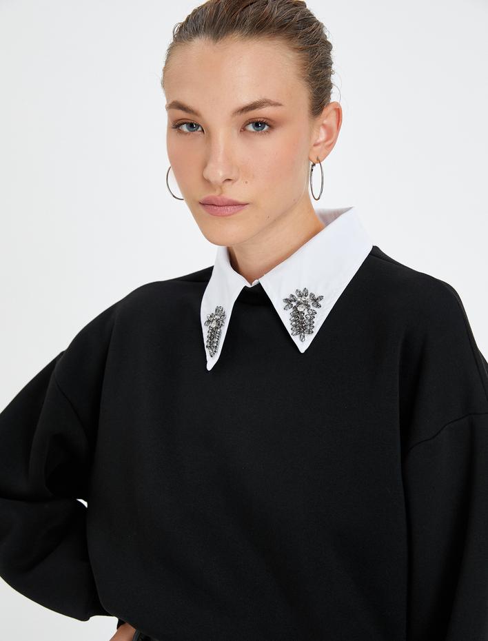  Sweatshirt Taşlı Gömlek Yaka Ribanalı Uzun Kollu