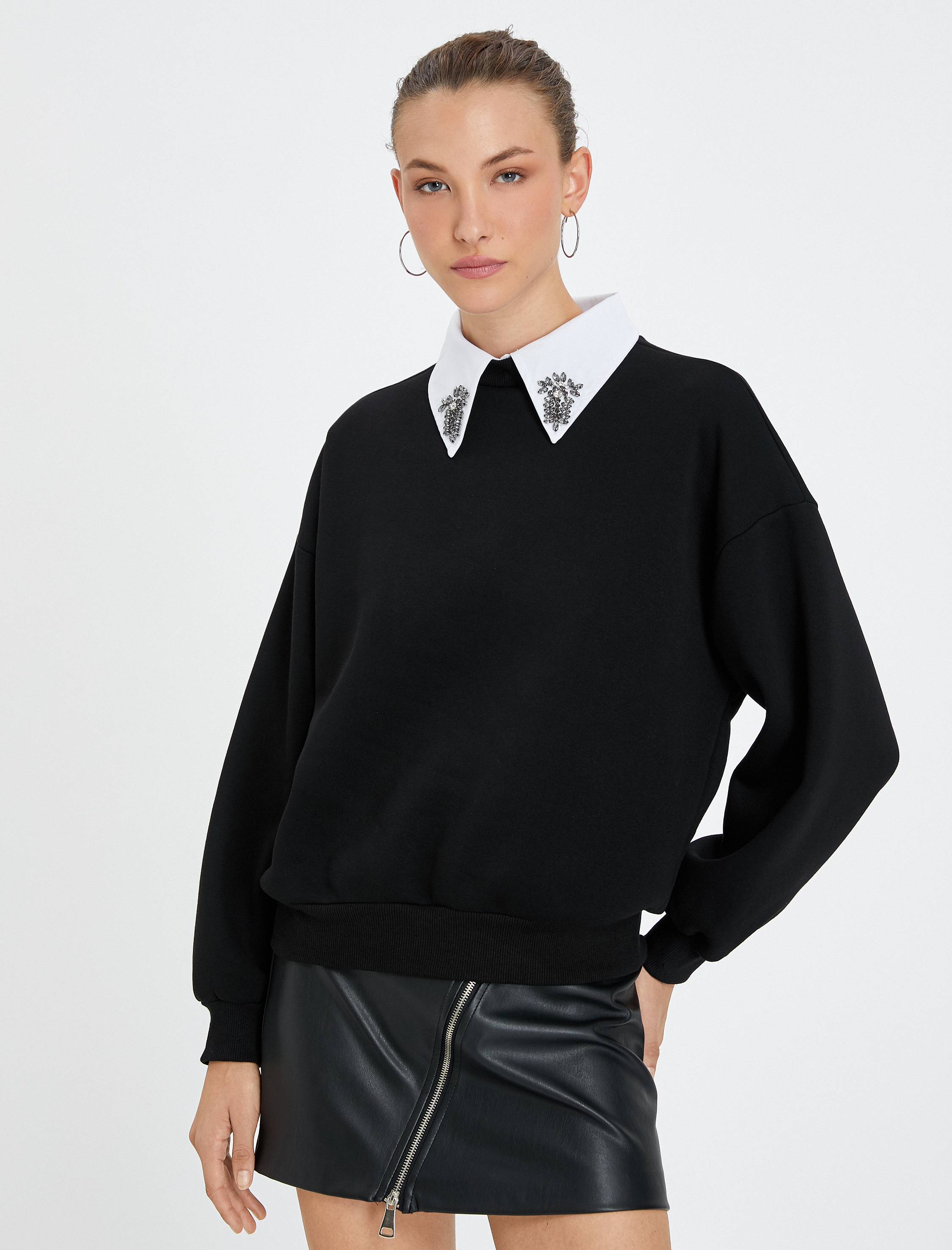  Sweatshirt Taşlı Gömlek Yaka Ribanalı Uzun Kollu