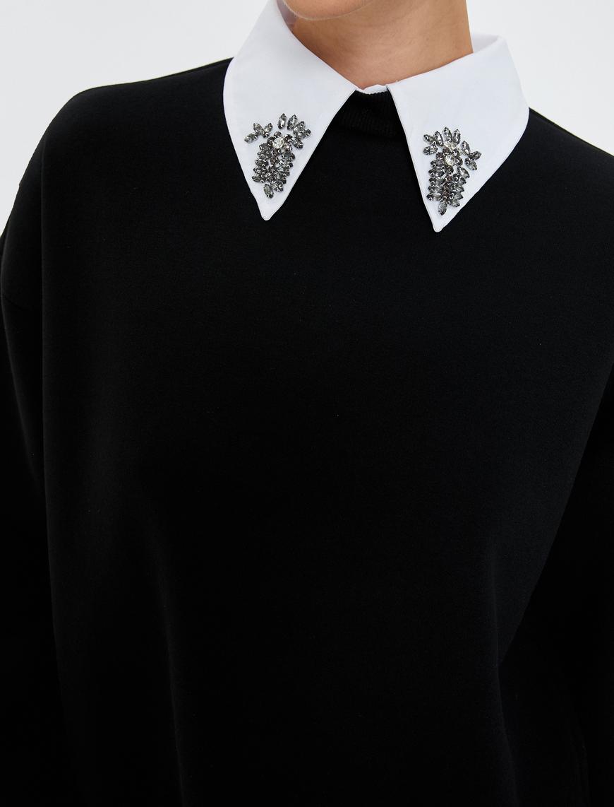   Sweatshirt Taşlı Gömlek Yaka Ribanalı Uzun Kollu