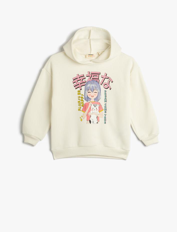 Kız Çocuk Kapşonlu Sweatshirt Anime Baskılı Uzun Kollu Şardonlu