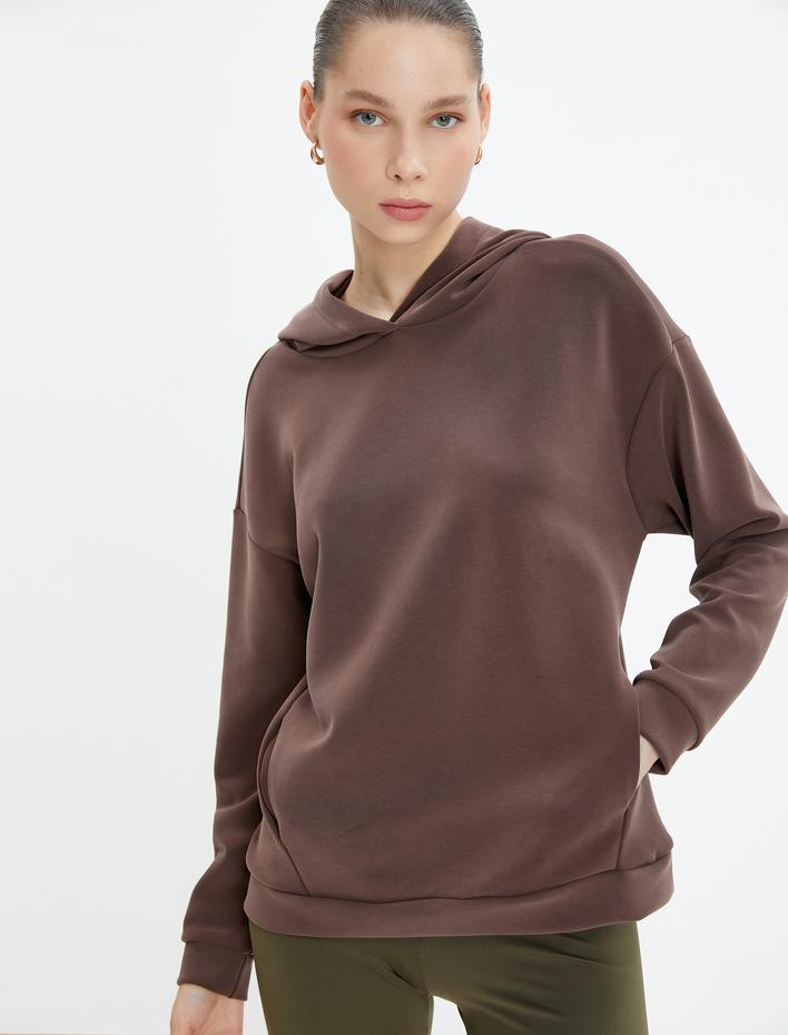  Kapşonlu Yoga Sweatshirt Modal Kumaş Yumuşak Tuşe Dokulu Bol Kalıp Cepli