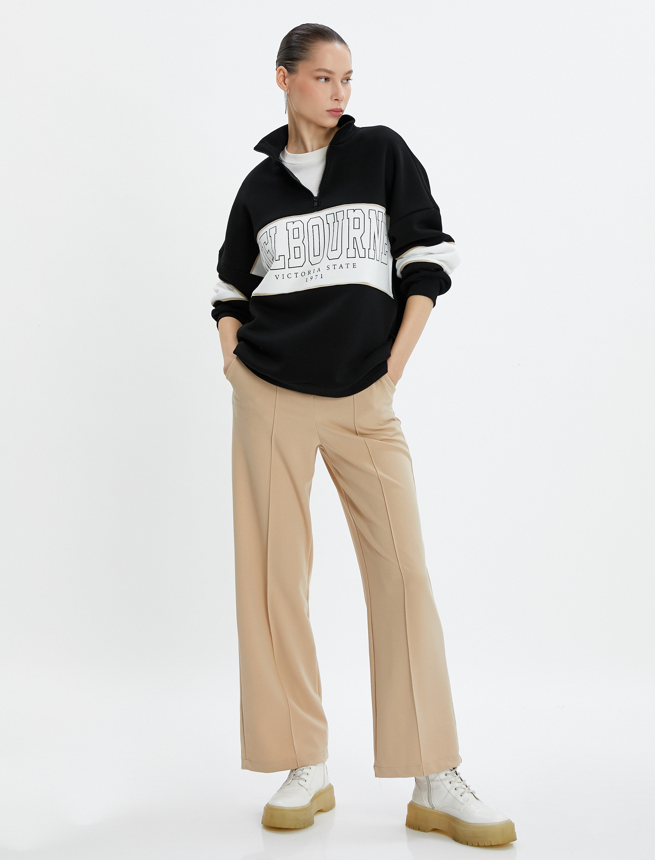   Kolej Oversize Sweatshirt Yarım Fermuarlı Dik Yaka Şardonlu Pamuklu