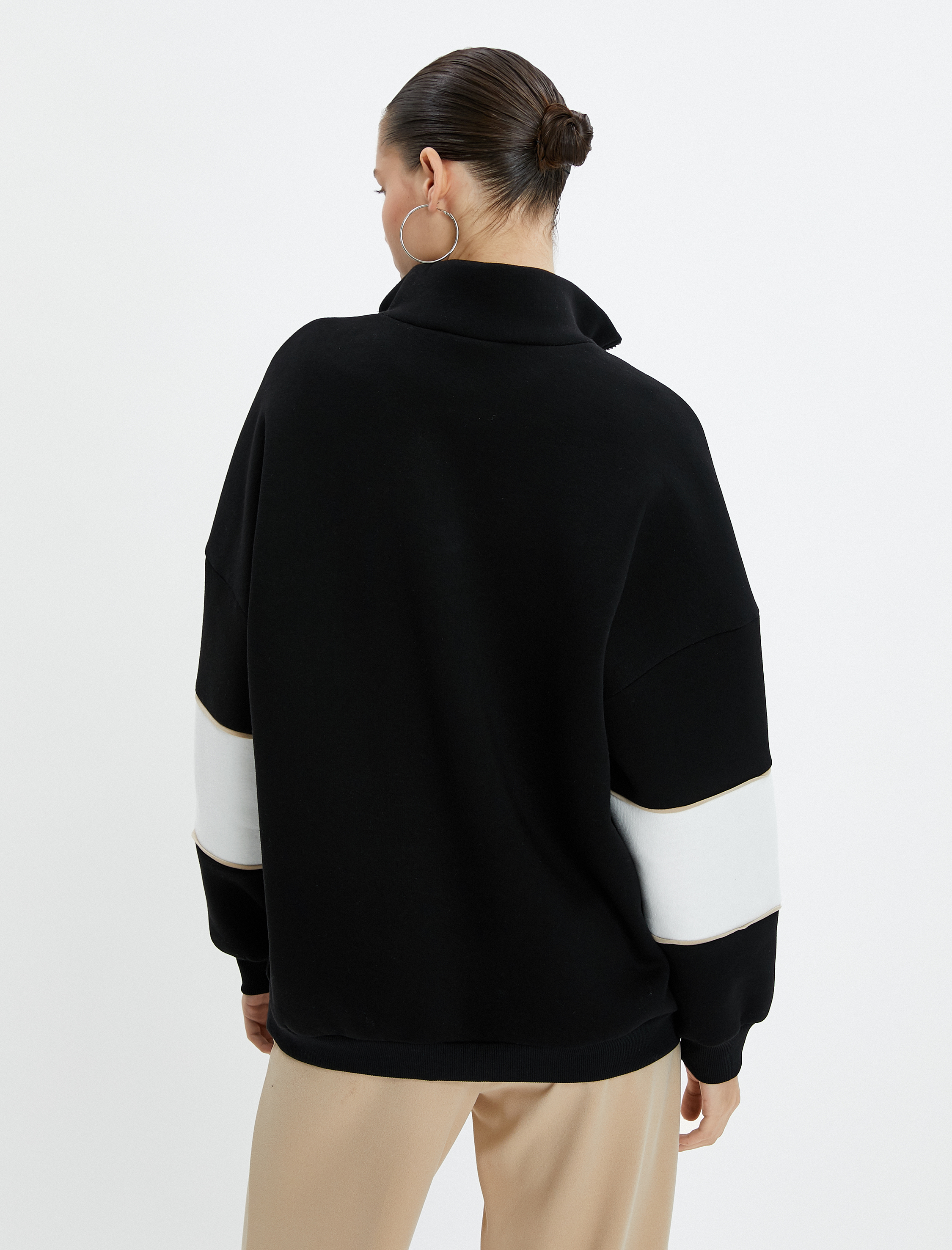   Kolej Oversize Sweatshirt Yarım Fermuarlı Dik Yaka Şardonlu Pamuklu