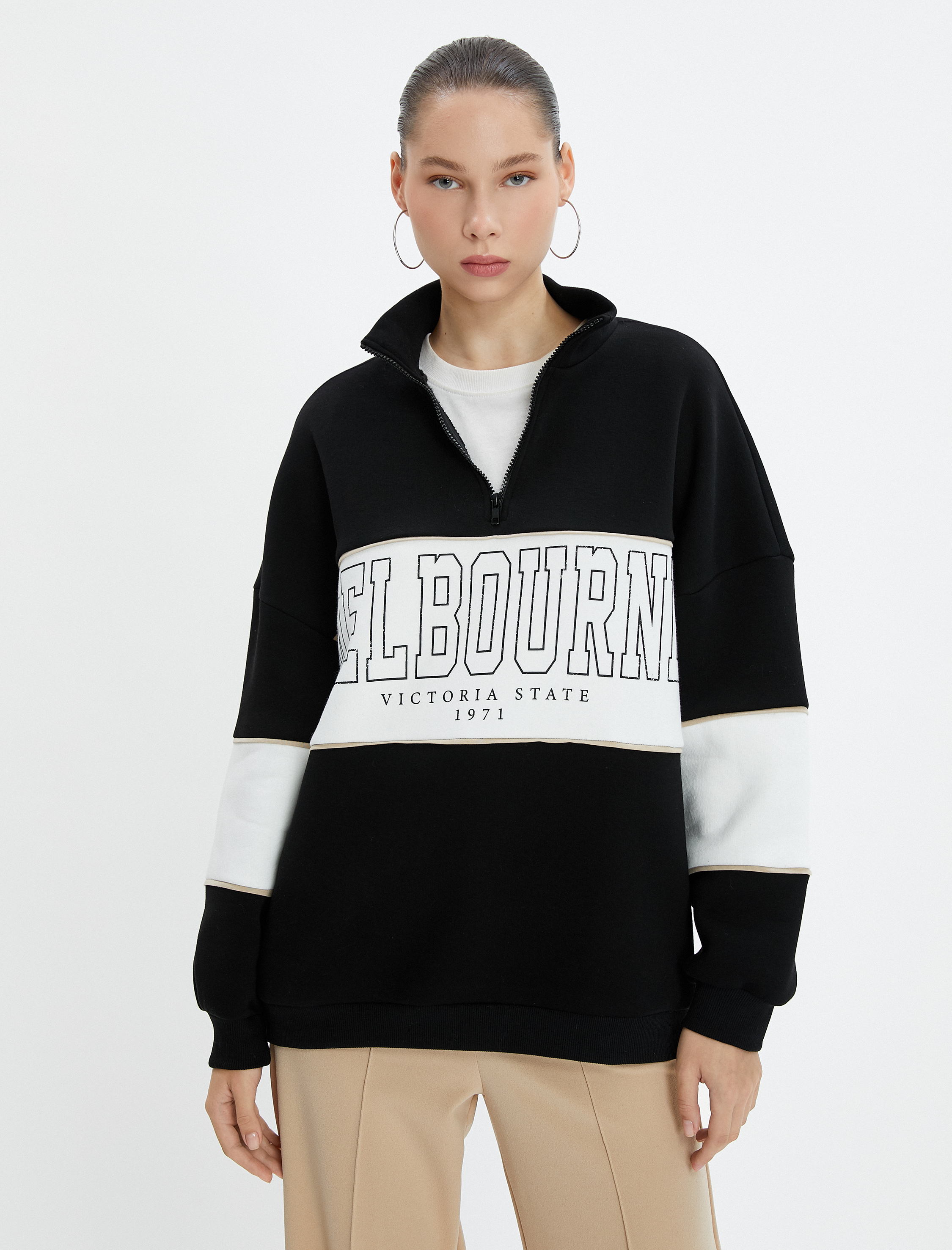   Kolej Oversize Sweatshirt Yarım Fermuarlı Dik Yaka Şardonlu Pamuklu