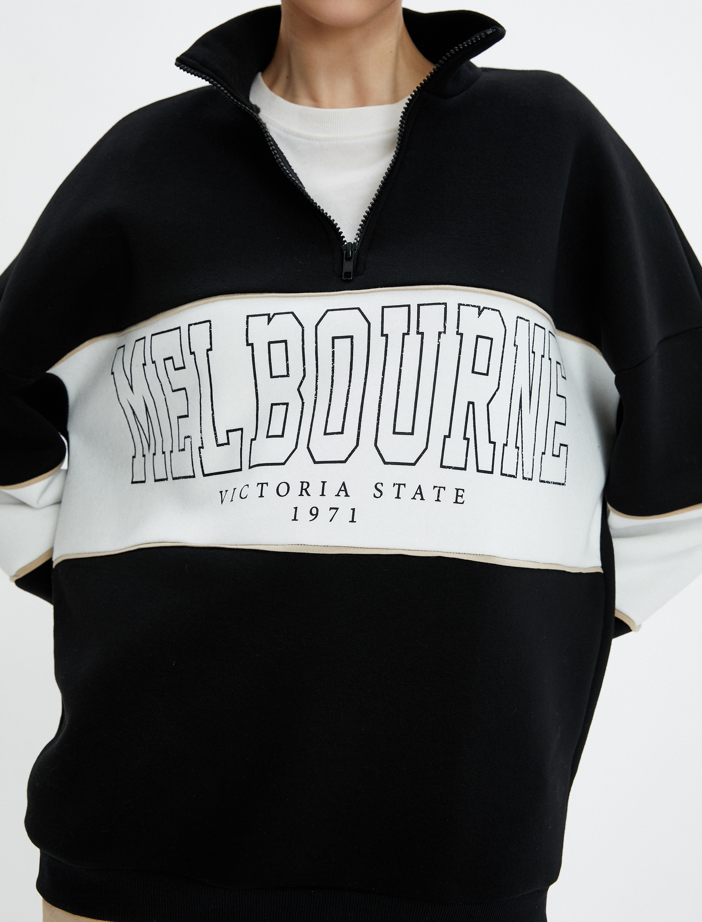   Kolej Oversize Sweatshirt Yarım Fermuarlı Dik Yaka Şardonlu Pamuklu