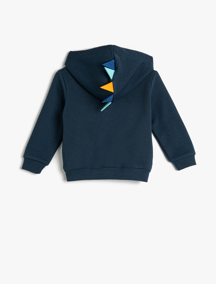  Erkek Bebek Basic Kapşonlu Sweatshirt Dinozor Aplike Detaylı Fermuarlı Şardonlu