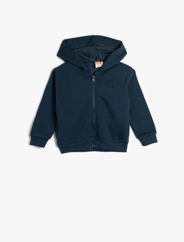 Erkek Bebek Basic Kapşonlu Sweatshirt Dinozor Aplike Detaylı Fermuarlı Şardonlu