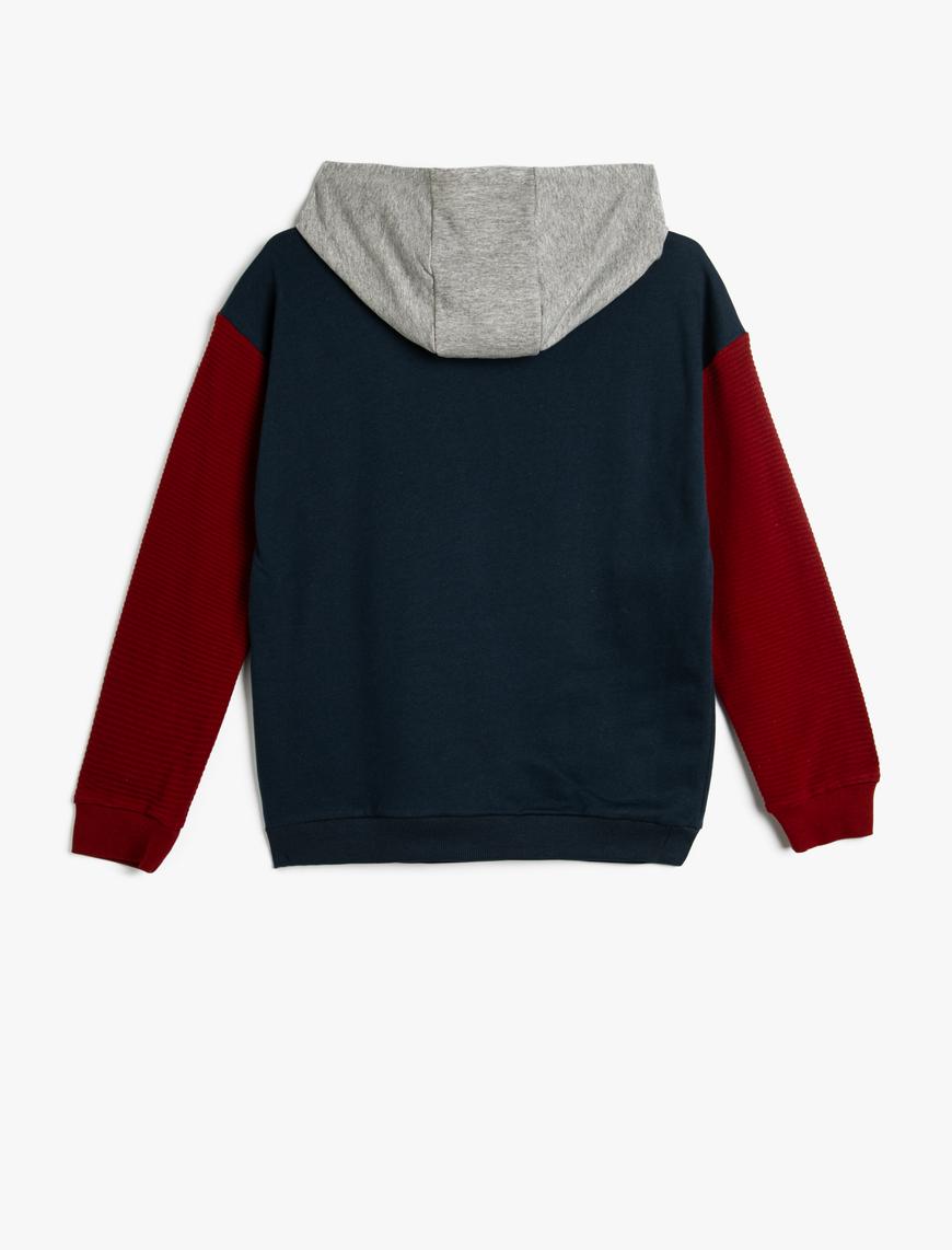  Erkek Çocuk Kapşonlu Kolej Sweatshirt Uzun Kollu Renk Bloklu Şardonlu