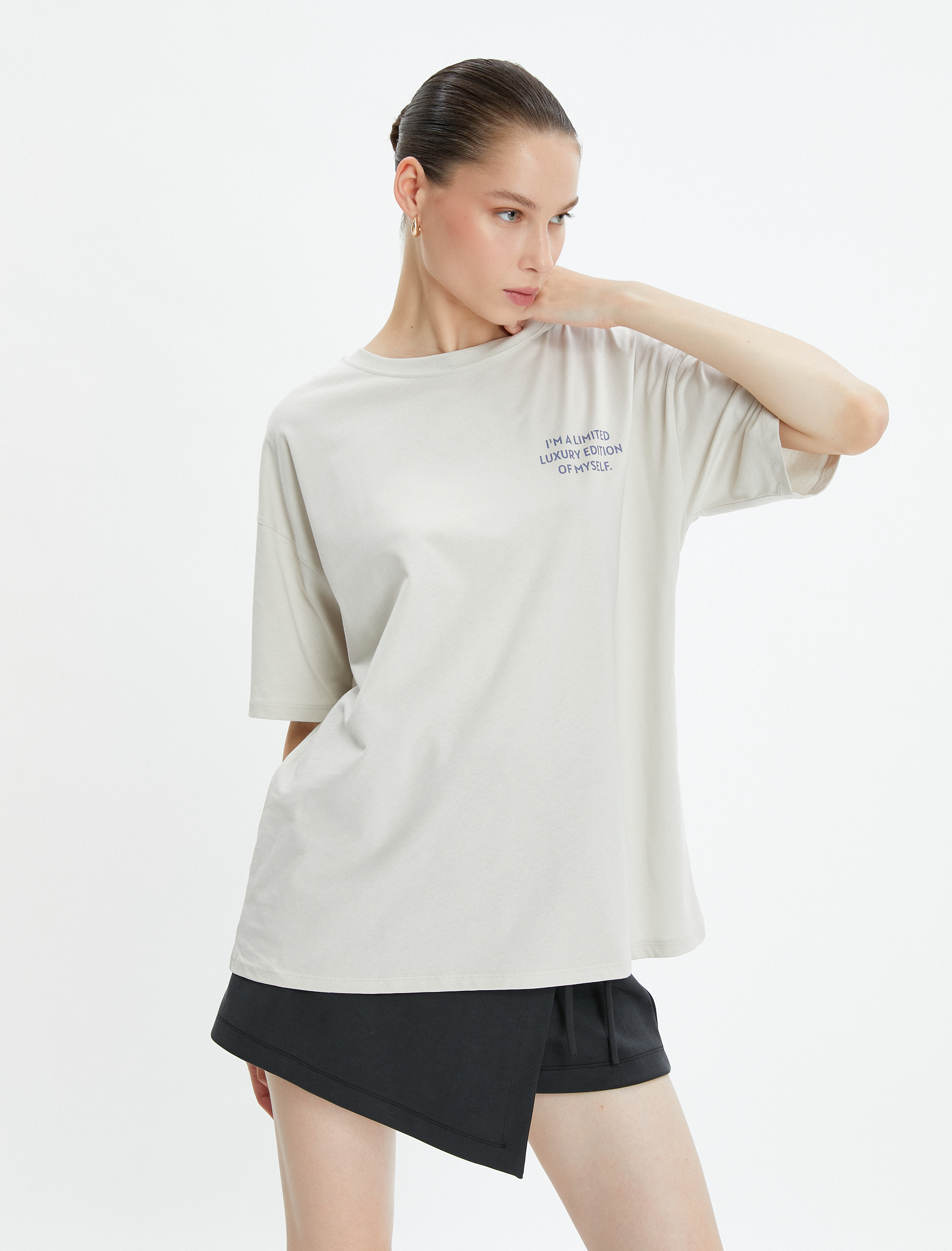   Oversize Spor Tişört Arkası Baskılı Bisiklet Yaka Kısa Kollu Pamuklu