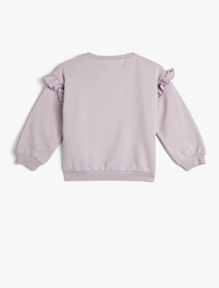 Kız Bebek Sweatshirt Kuğu Aplike Detaylı Fırfırlı Uzun Kollu Bisiklet Yaka Şardonlu Pamuklu