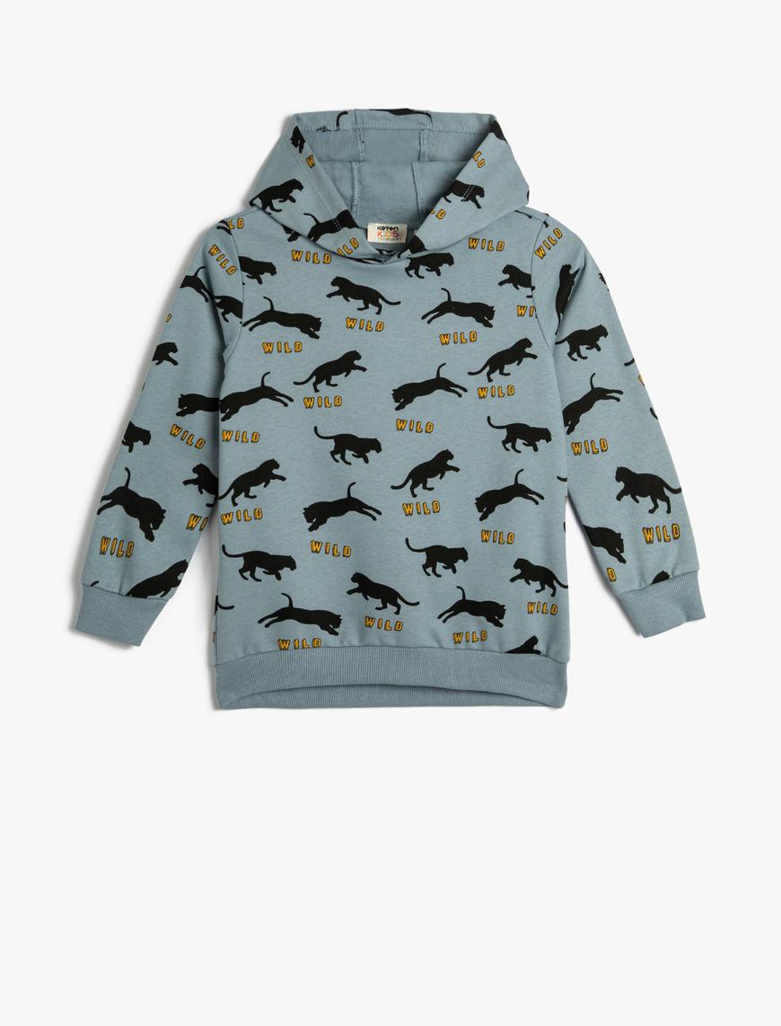  Erkek Çocuk Kapşonlu Sweatshirt Baskılı Uzun Kollu Şardonlu Pamuklu