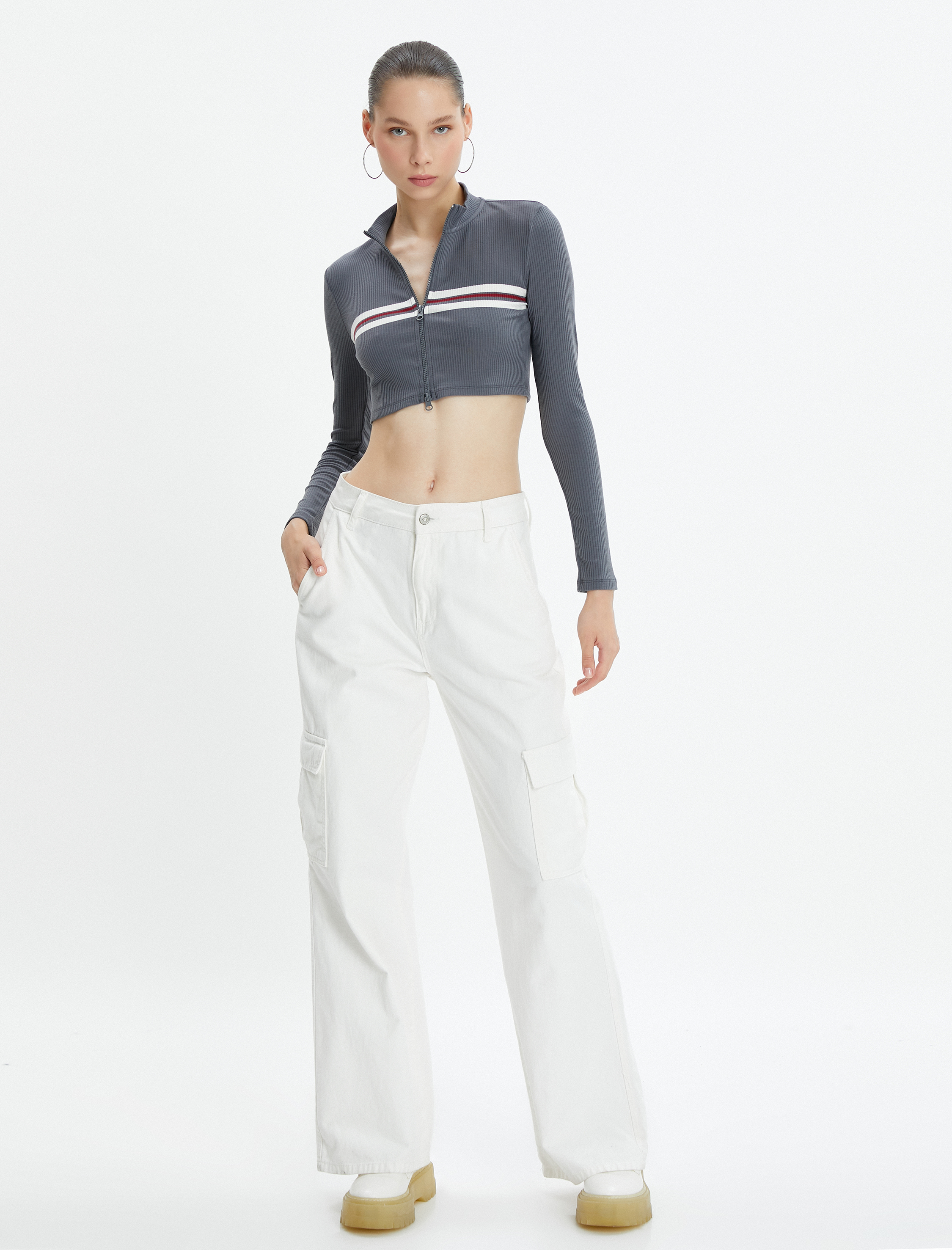   Crop Fermuarlı Tişört Uzun Kollu Çizgili Dik Yaka Dar Kalıp