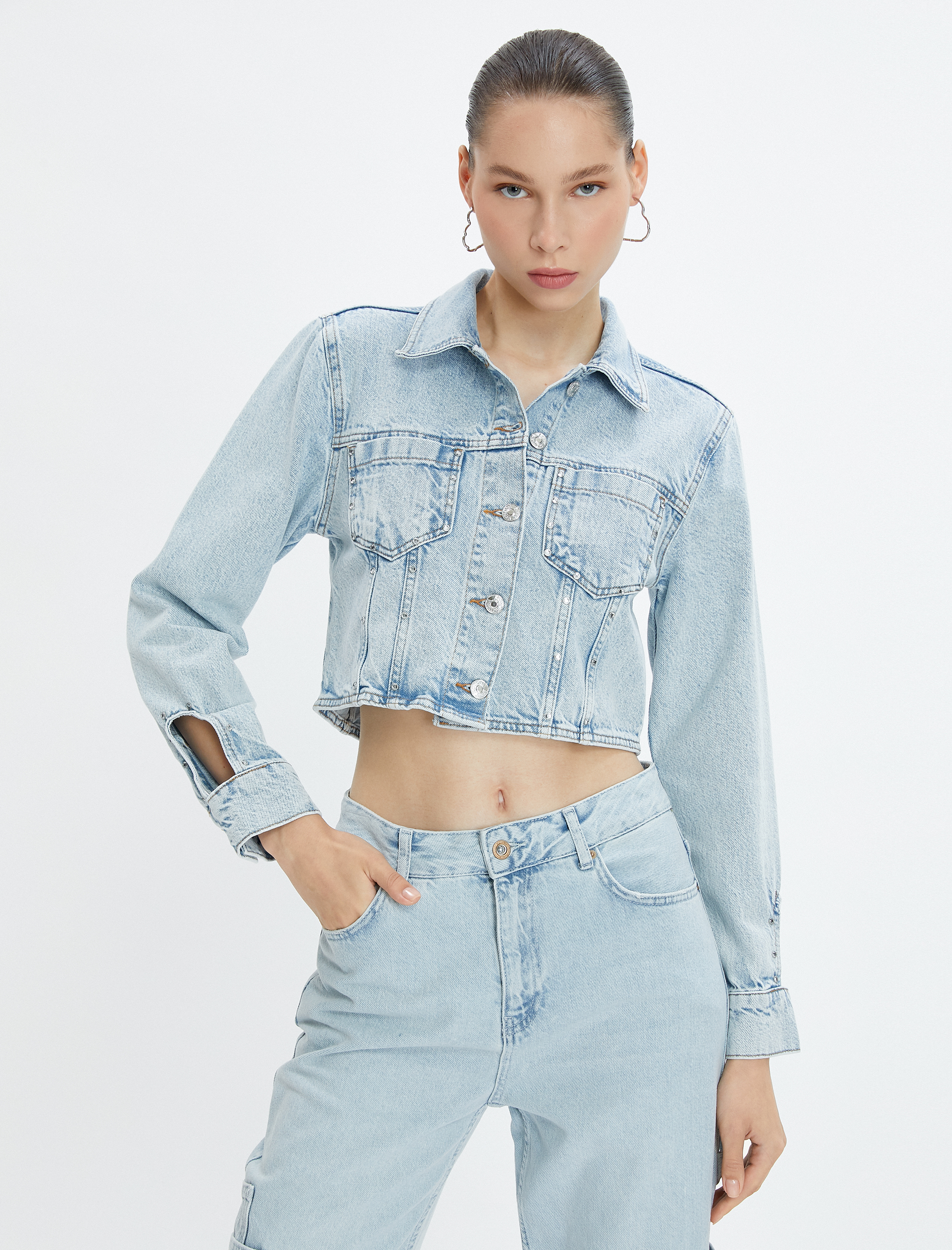 Crop Kot Ceket Cepli Kolları Pencere Detaylı Taşlı Pamuklu