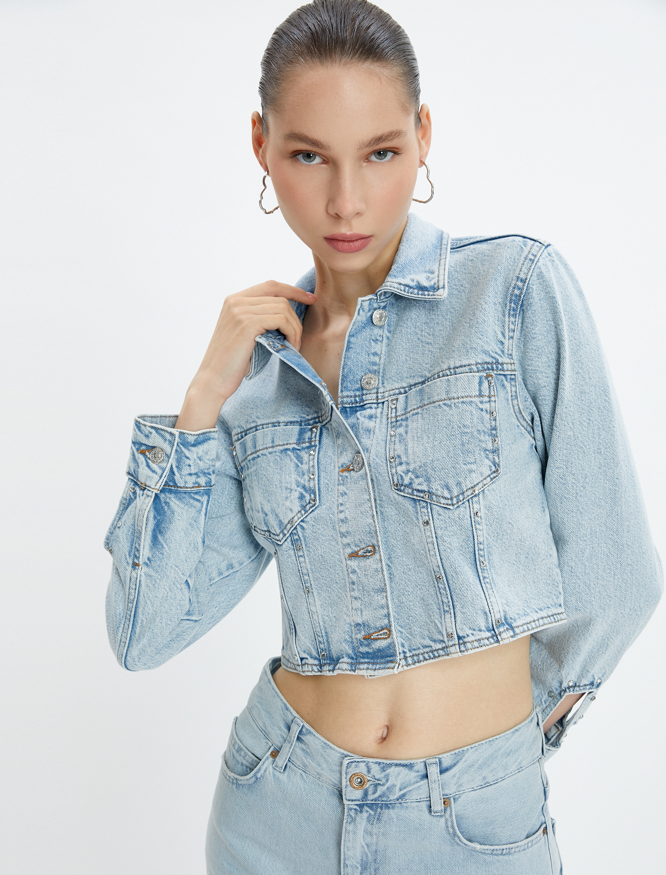 Crop Kot Ceket Cepli Kolları Pencere Detaylı Taşlı Pamuklu