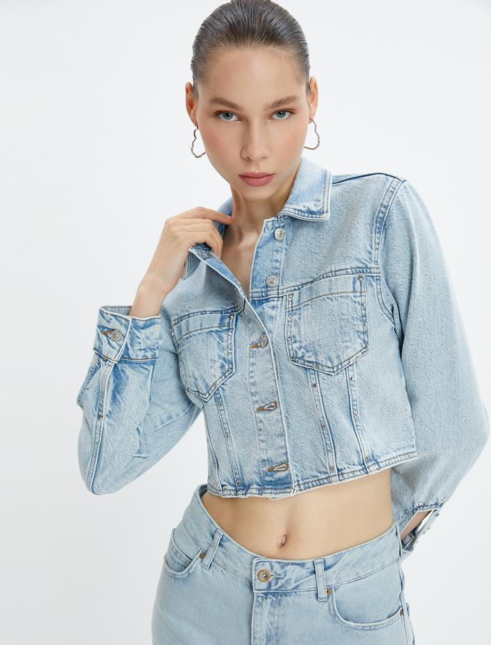  Crop Kot Ceket Cepli Kolları Pencere Detaylı Taşlı Pamuklu