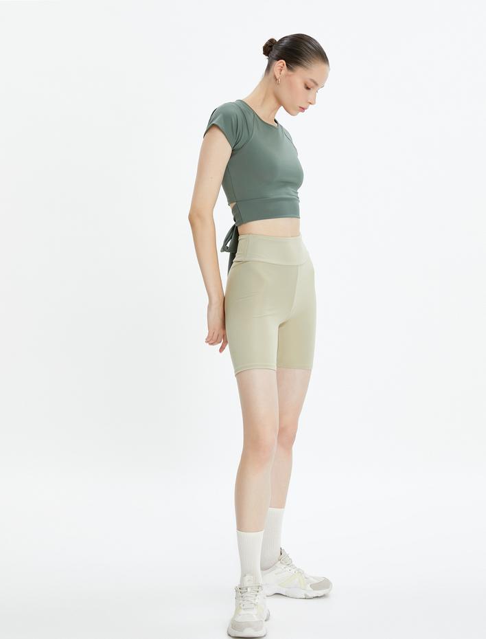  Crop Yoga Tişört Arkası Bağlama Detaylı Kısa Kollu Bisiklet Yaka