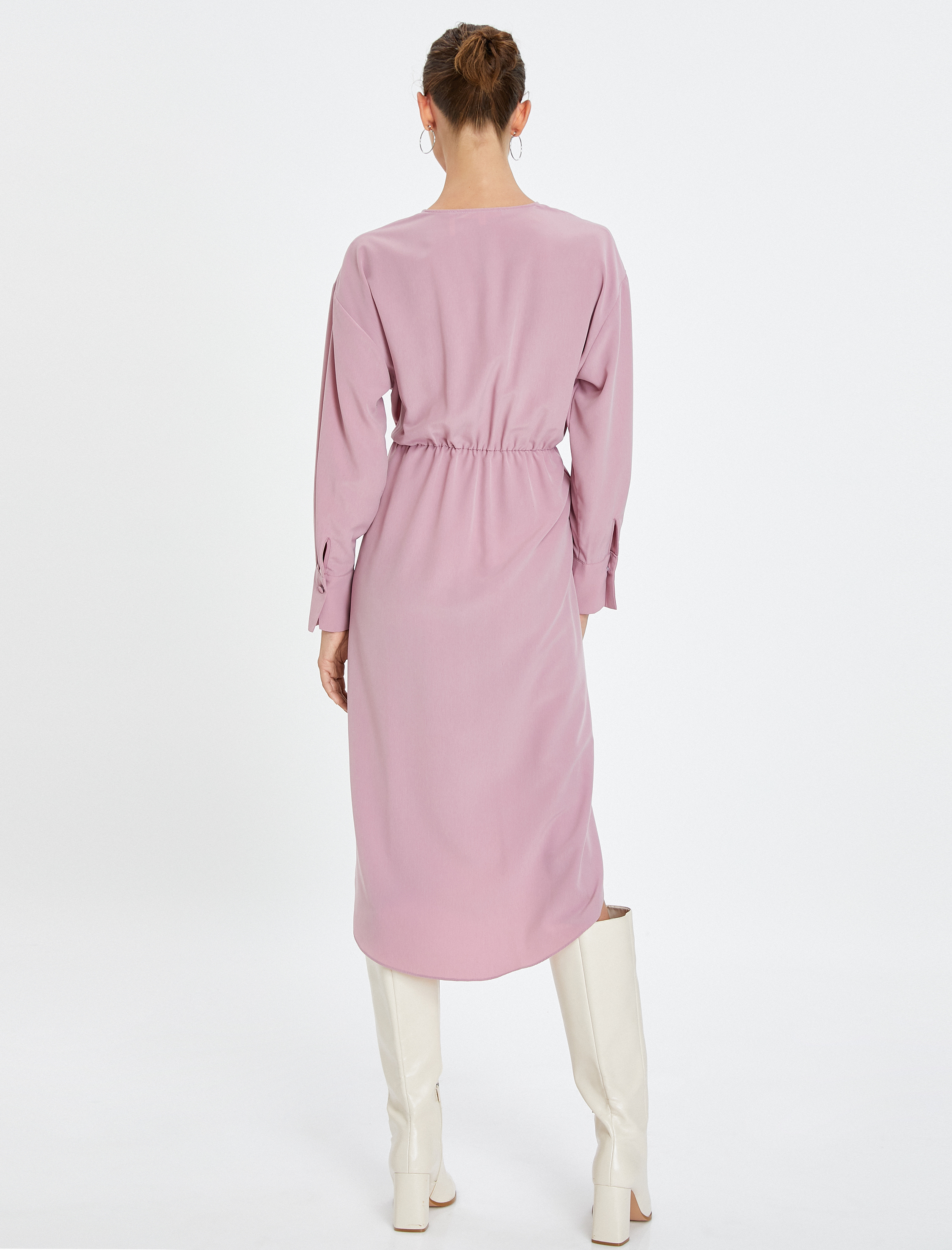 Midi Kruvaze Elbise Uzun Kollu Bağlama Detaylı