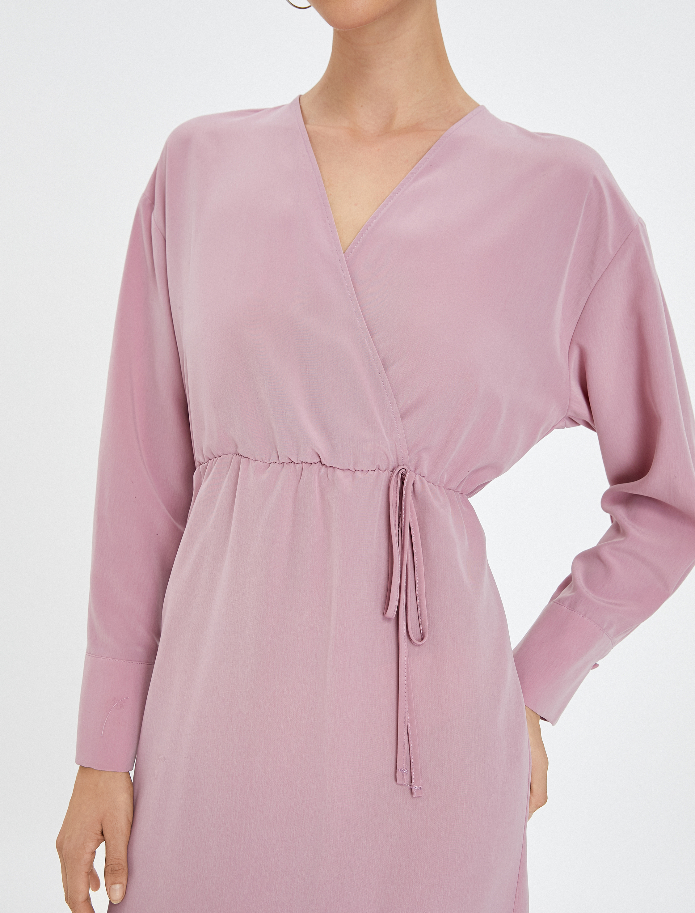 Midi Kruvaze Elbise Uzun Kollu Bağlama Detaylı