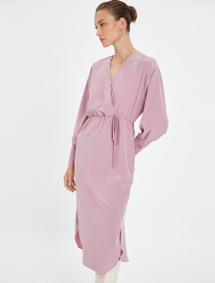  Midi Kruvaze Elbise Uzun Kollu Bağlama Detaylı