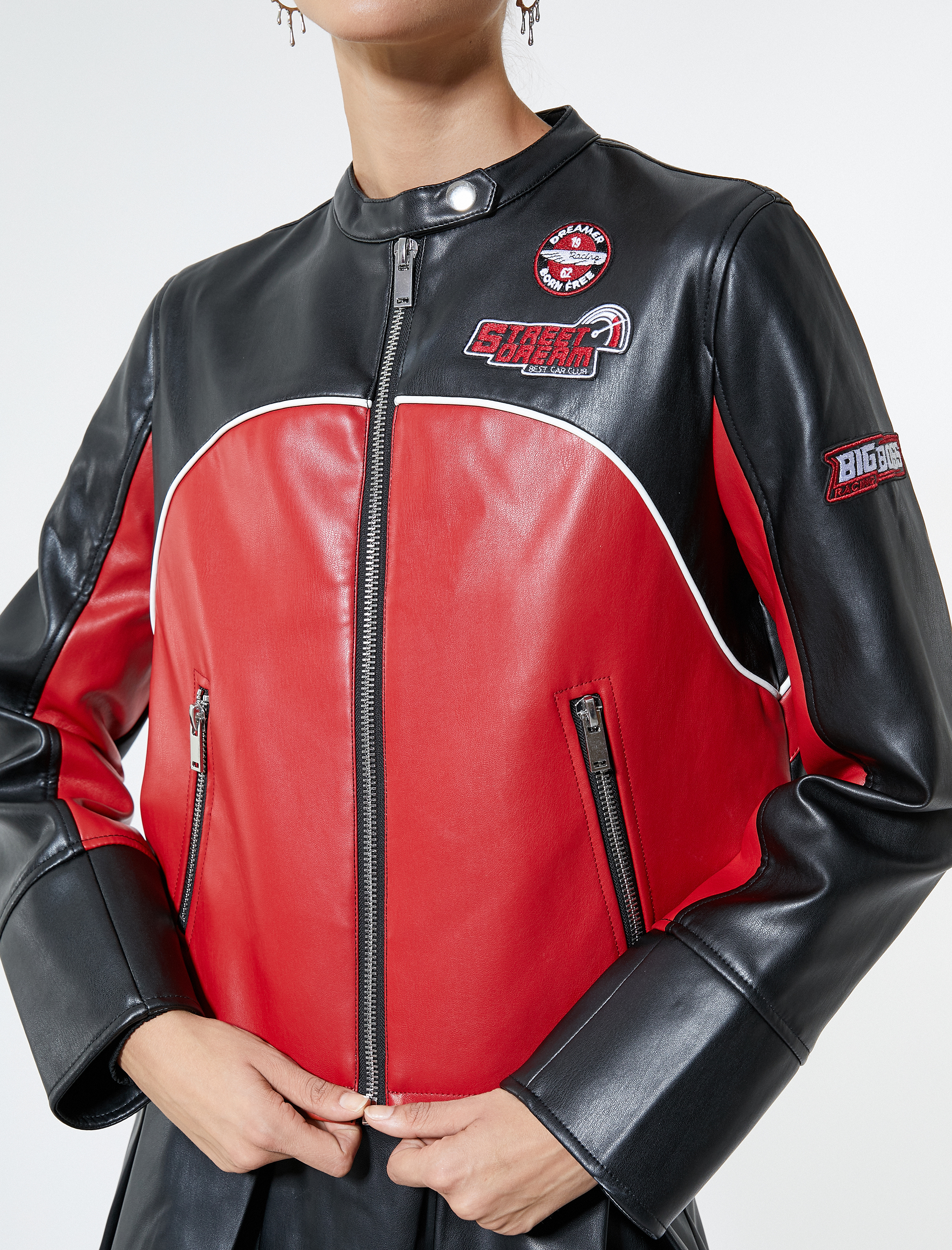   Biker Ceket Suni Deri Aplike Detaylı Fermuarlı