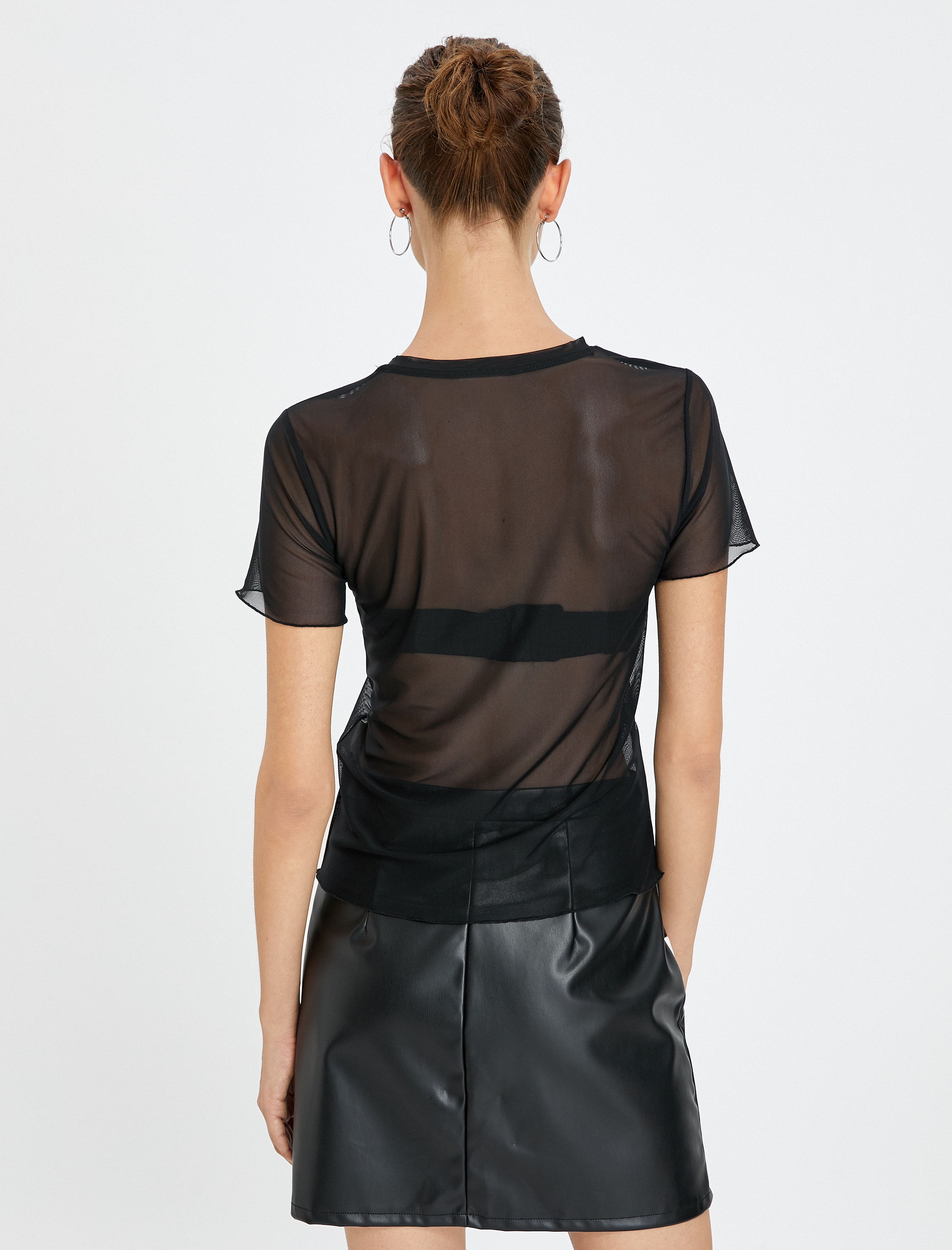 Transparan Tül Tişört Parlak Kalp İşlemeli Kısa Kollu