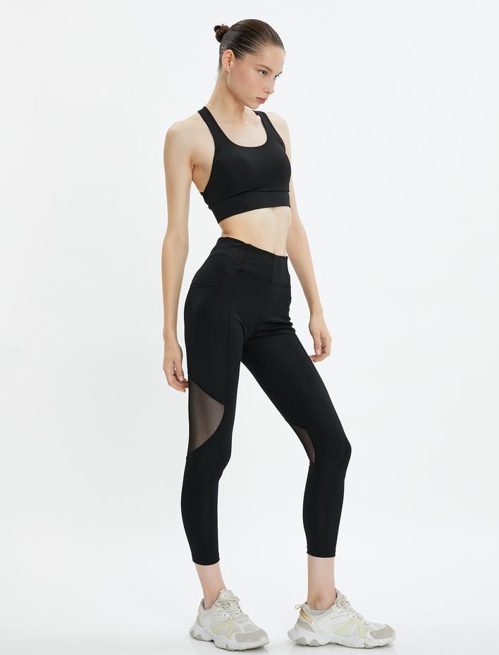  Spor Tayt Tül Detaylı Yüksek Bel Crop Paça