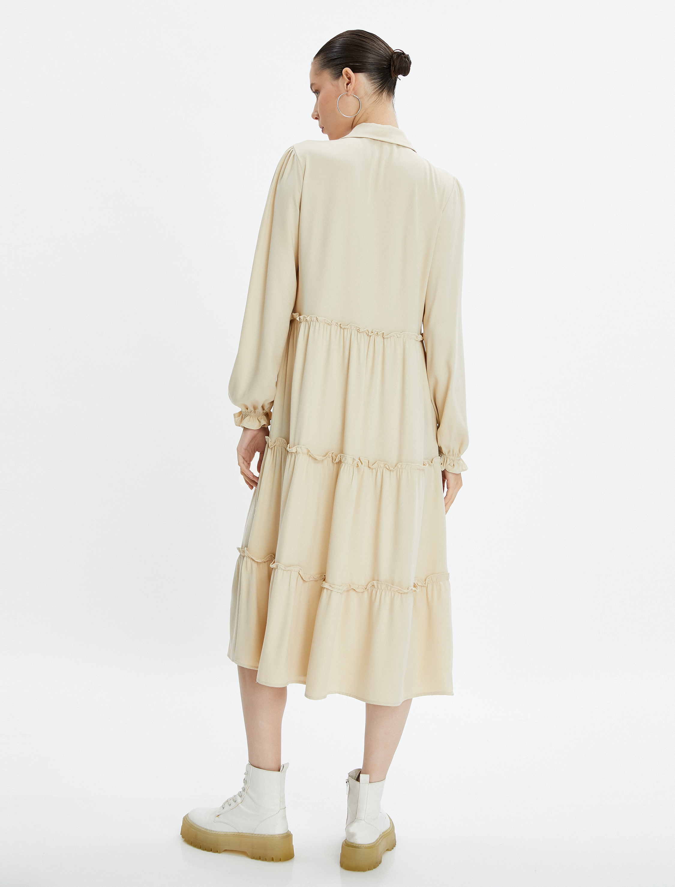   Maksi Elbise Uzun Kollu Gömlek Yaka Düğme Detaylı Viskon Kumaş