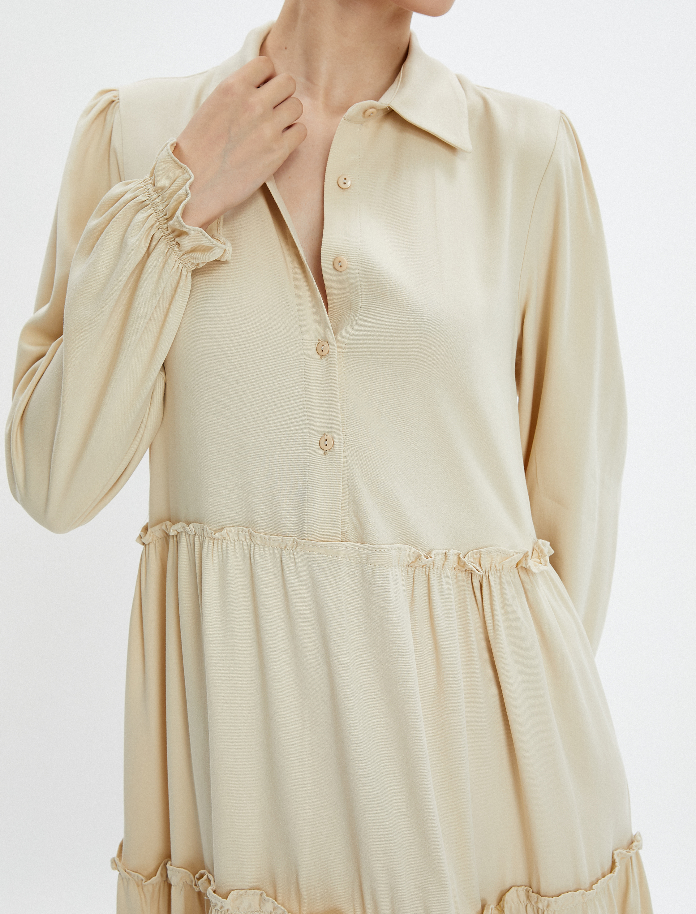   Maksi Elbise Uzun Kollu Gömlek Yaka Düğme Detaylı Viskon Kumaş