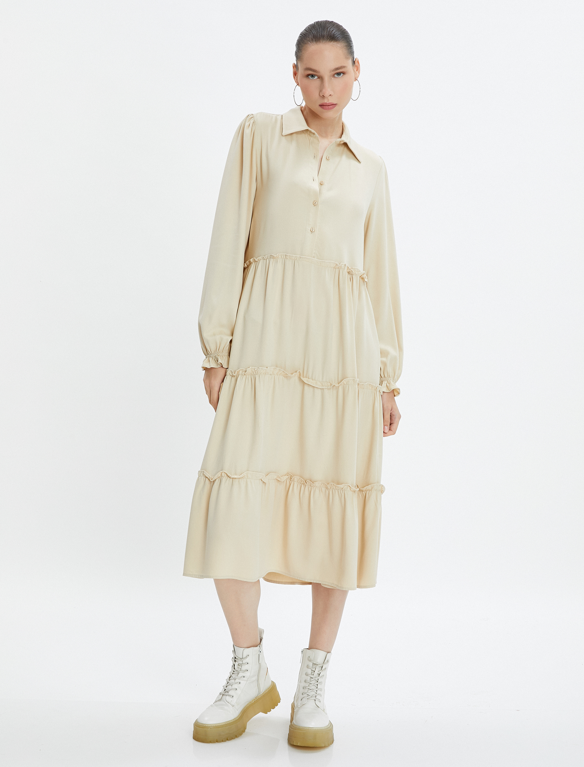   Maksi Elbise Uzun Kollu Gömlek Yaka Düğme Detaylı Viskon Kumaş