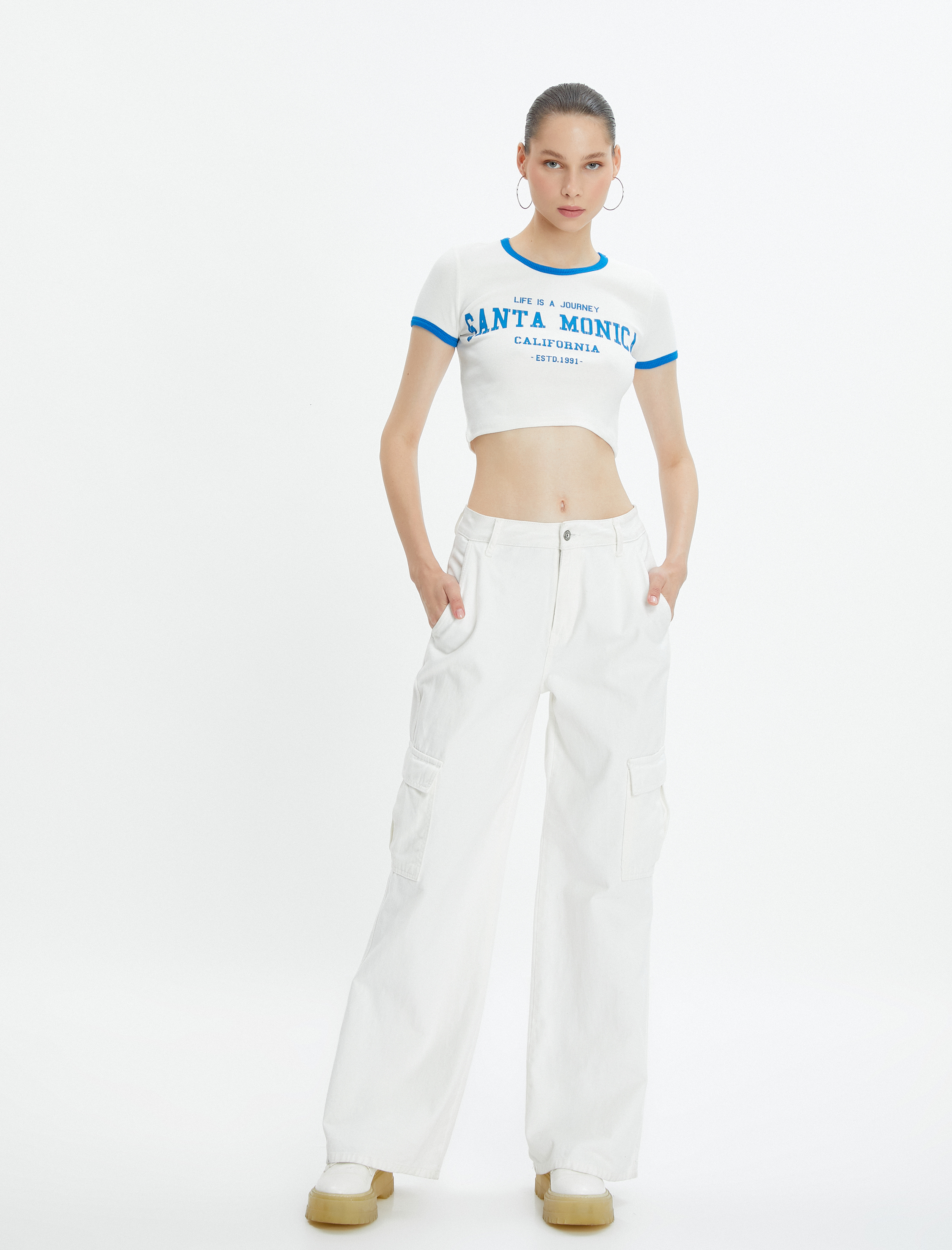   Crop Kolej Tişört Kısa Kollu Bisiklet Yaka Biyeli Pamuklu